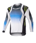 Alpinestars Kids 2023 Racer Push Jersey, camisola de motocross de manga comprida para criança, azul, branco e preto com detalhes em verde néon, design em gradiente com logótipo Alpinestars no peito, tecido leve e respirável para performance em todo-o-terreno