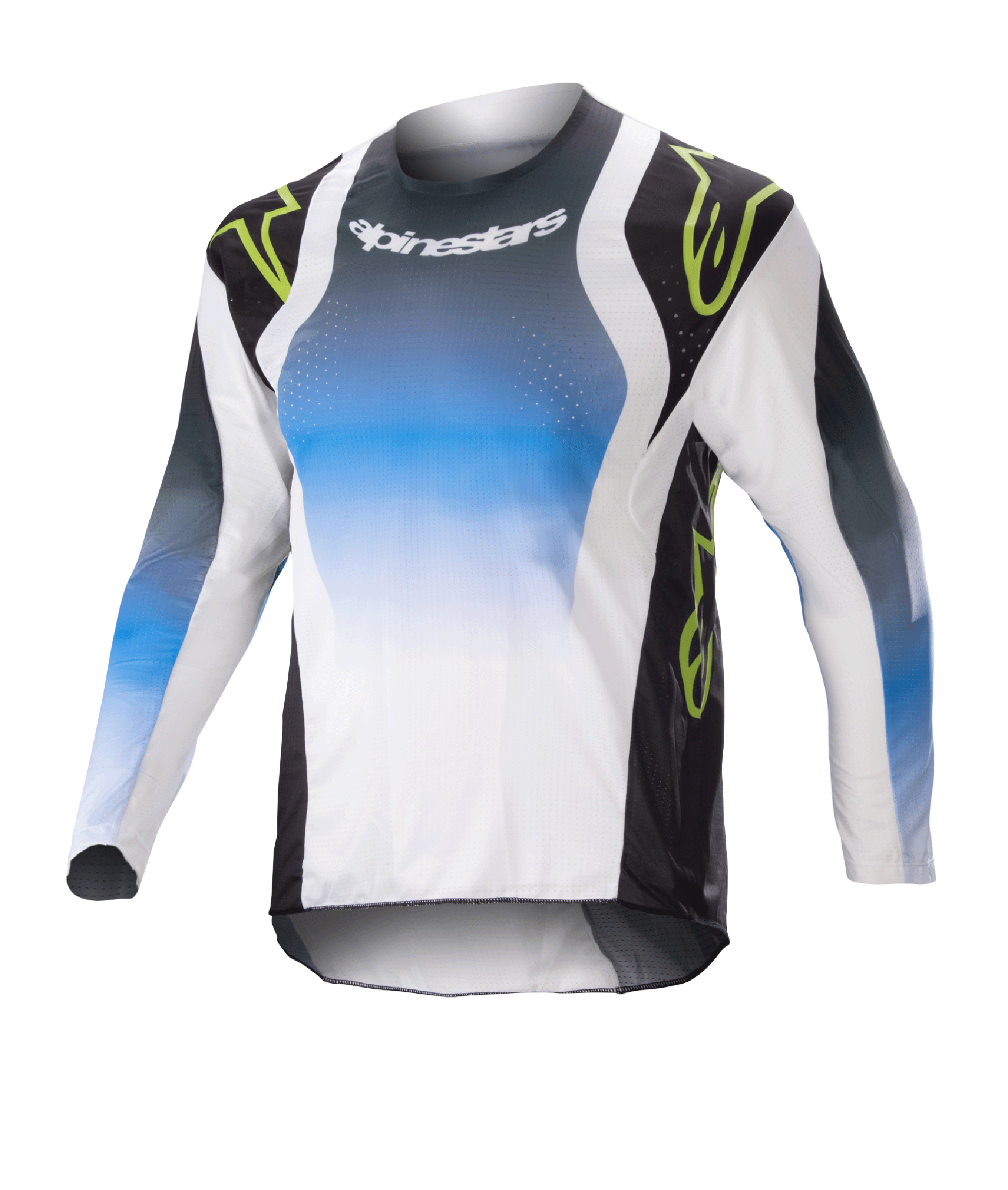 Alpinestars Kids 2023 Racer Push Jersey, camisola de motocross de manga comprida para criança, azul, branco e preto com detalhes em verde néon, design em gradiente com logótipo Alpinestars no peito, tecido leve e respirável para performance em todo-o-terreno