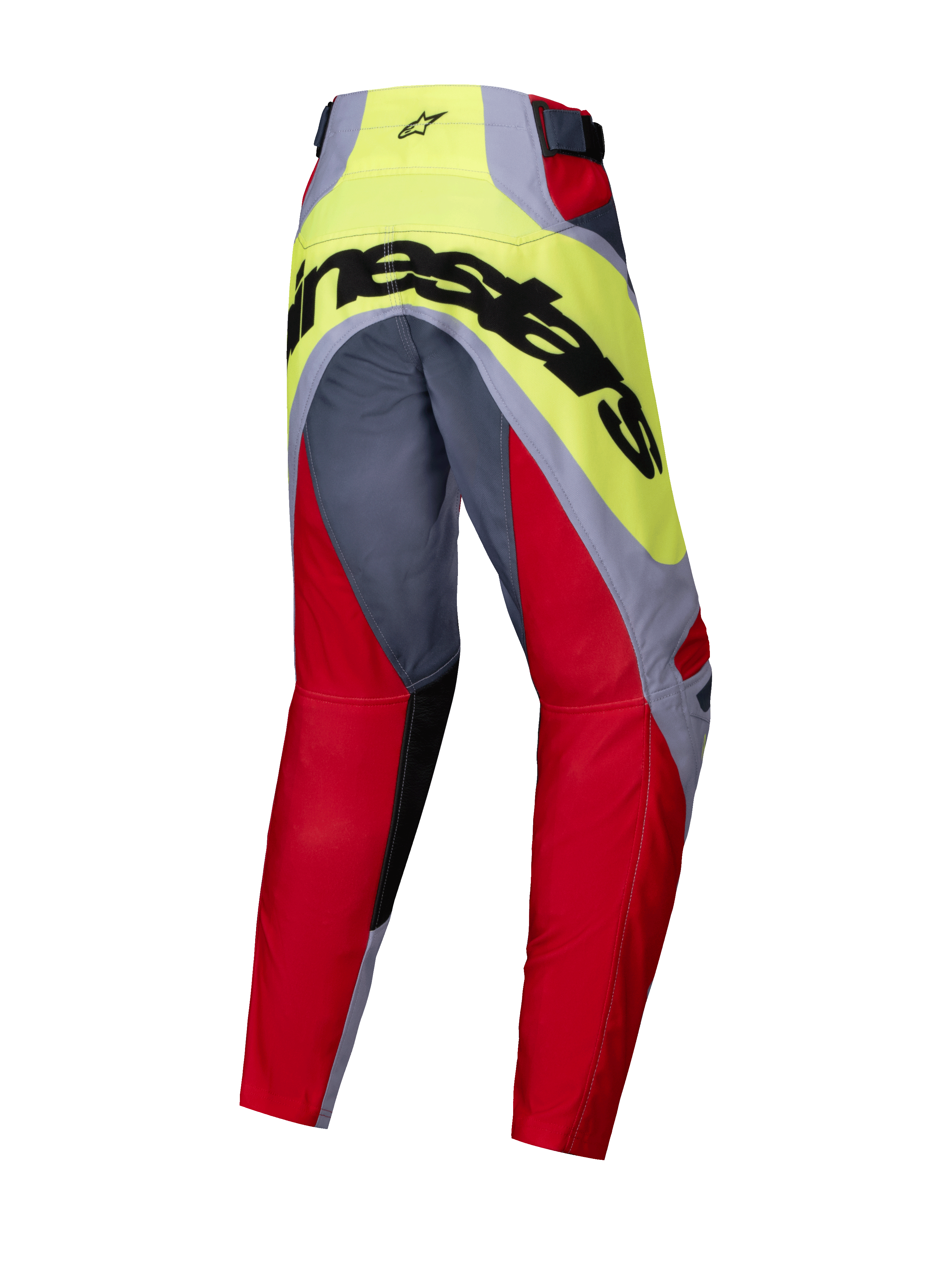 Alpinestars 2025 Youth Racer Melt Pants, calças de motocross, vermelho vivo e cinzento com escapulário amarelo néon, vista traseira com grande logótipo Alpinestars preto no assento, construção ergonómica pré-curvada para motocross juvenil