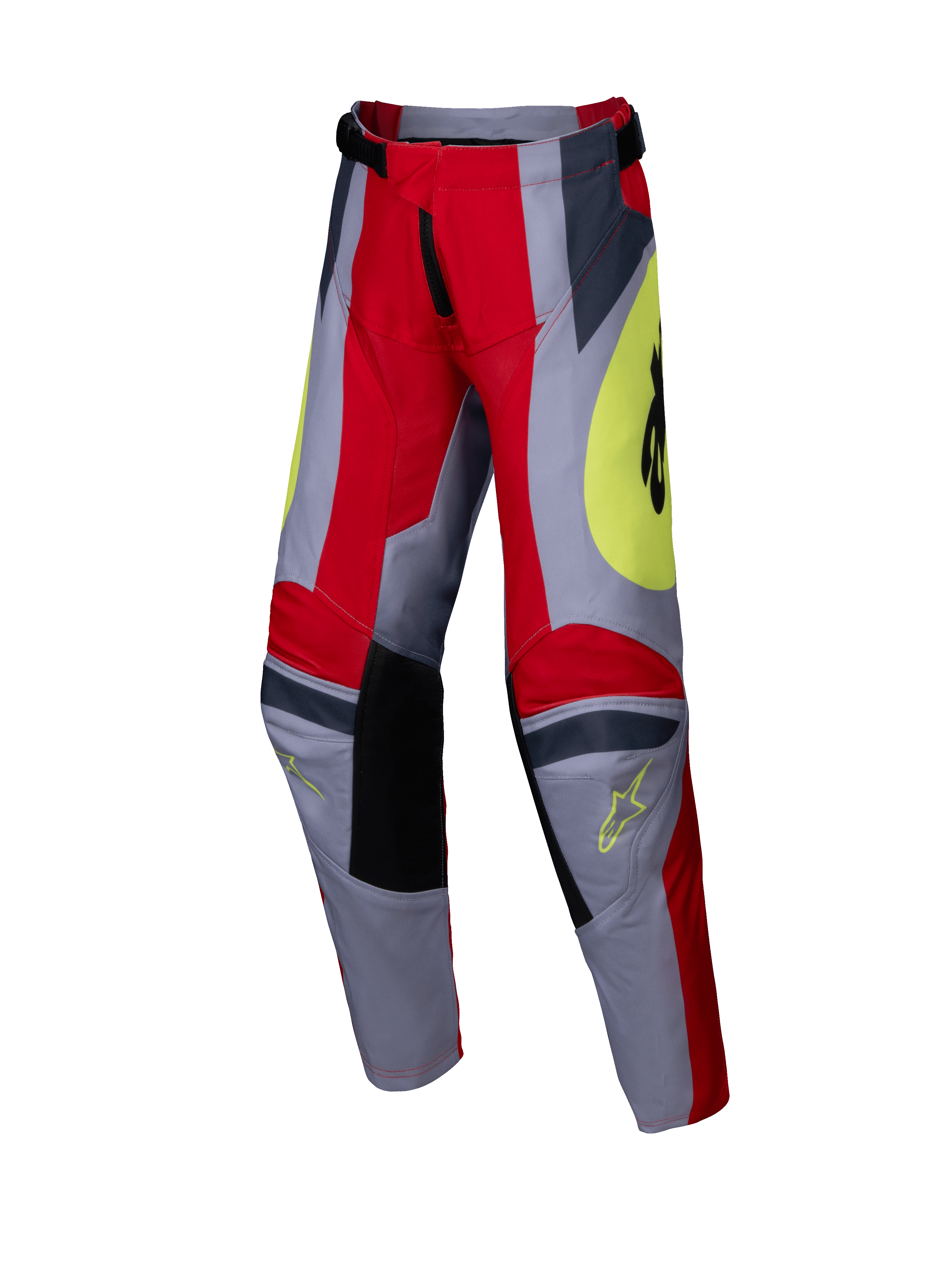 Alpinestars 2025 Youth Racer Melt Pants, calças de motocross para jovens, vermelho vivo e cinzento com pormenores em amarelo, com painéis pretos reforçados nos joelhos, gráficos angulares e logótipos Astars, design durável para corridas todo-o-terreno
