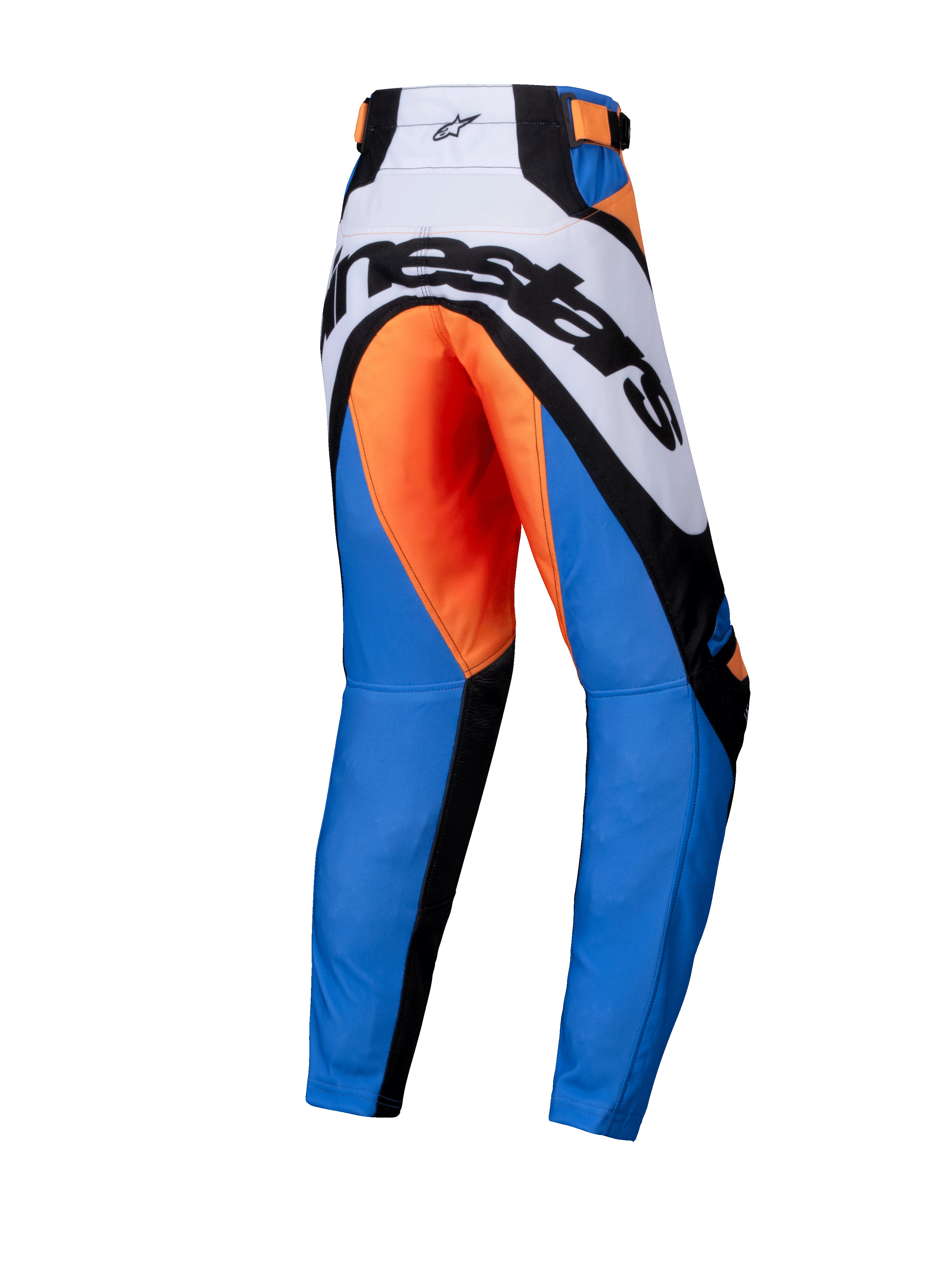 Alpinestars 2025 Youth Racer Melt Pants, Motocross Pants, Orange and Blue, rear view featuring bold black Alpinestars branding on white yoke, orange seat area, blue legs, and black reinforced panels, ergonomic design for off-road racing