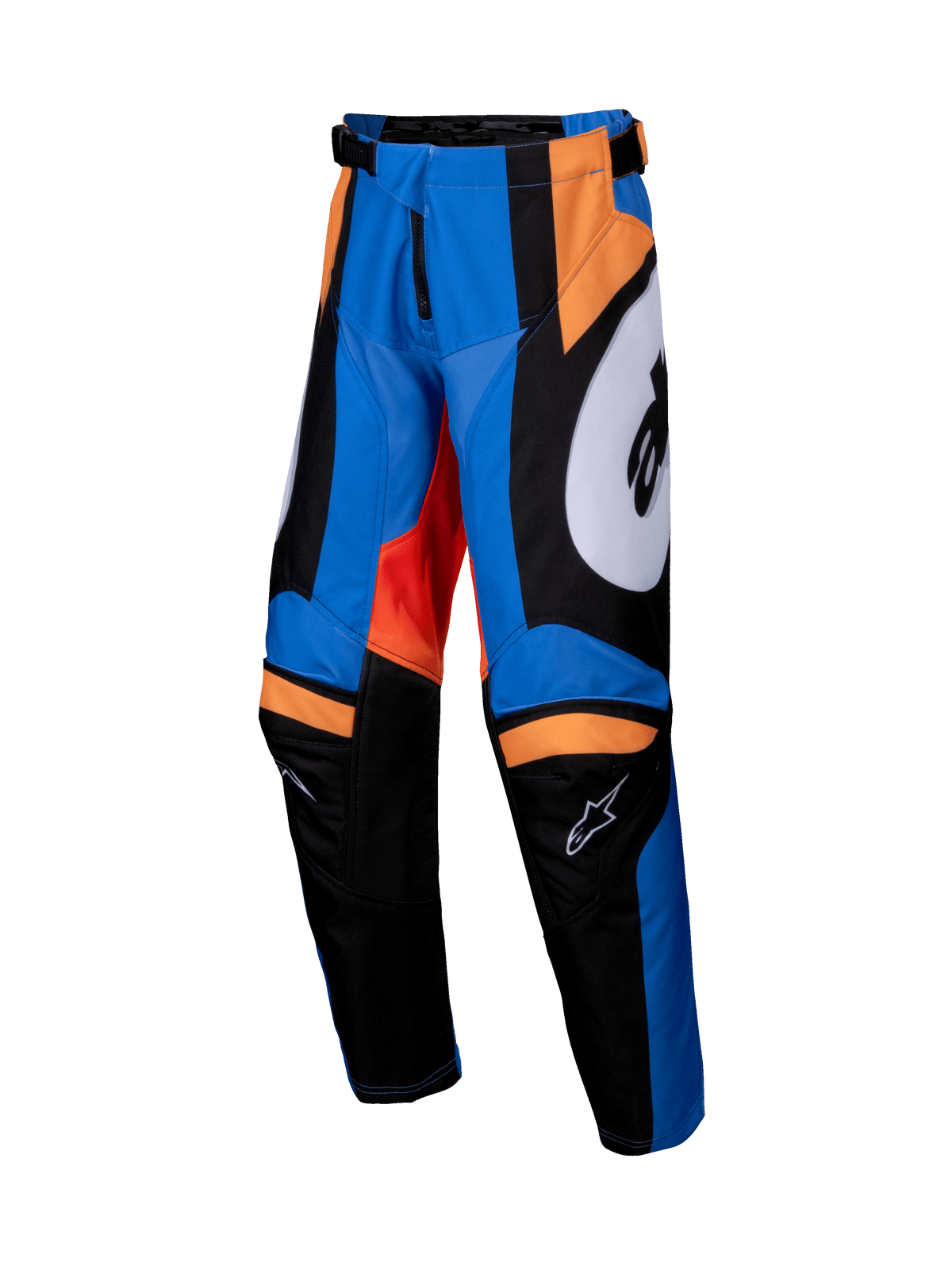 Alpinestars 2025 Youth Racer Melt Pants, calças de motocross, laranjas e azuis com detalhes em preto e branco, painéis gráficos arrojados, construção de perna pré-curvada, joelhos internos reforçados, cintura ajustável com fecho de catraca