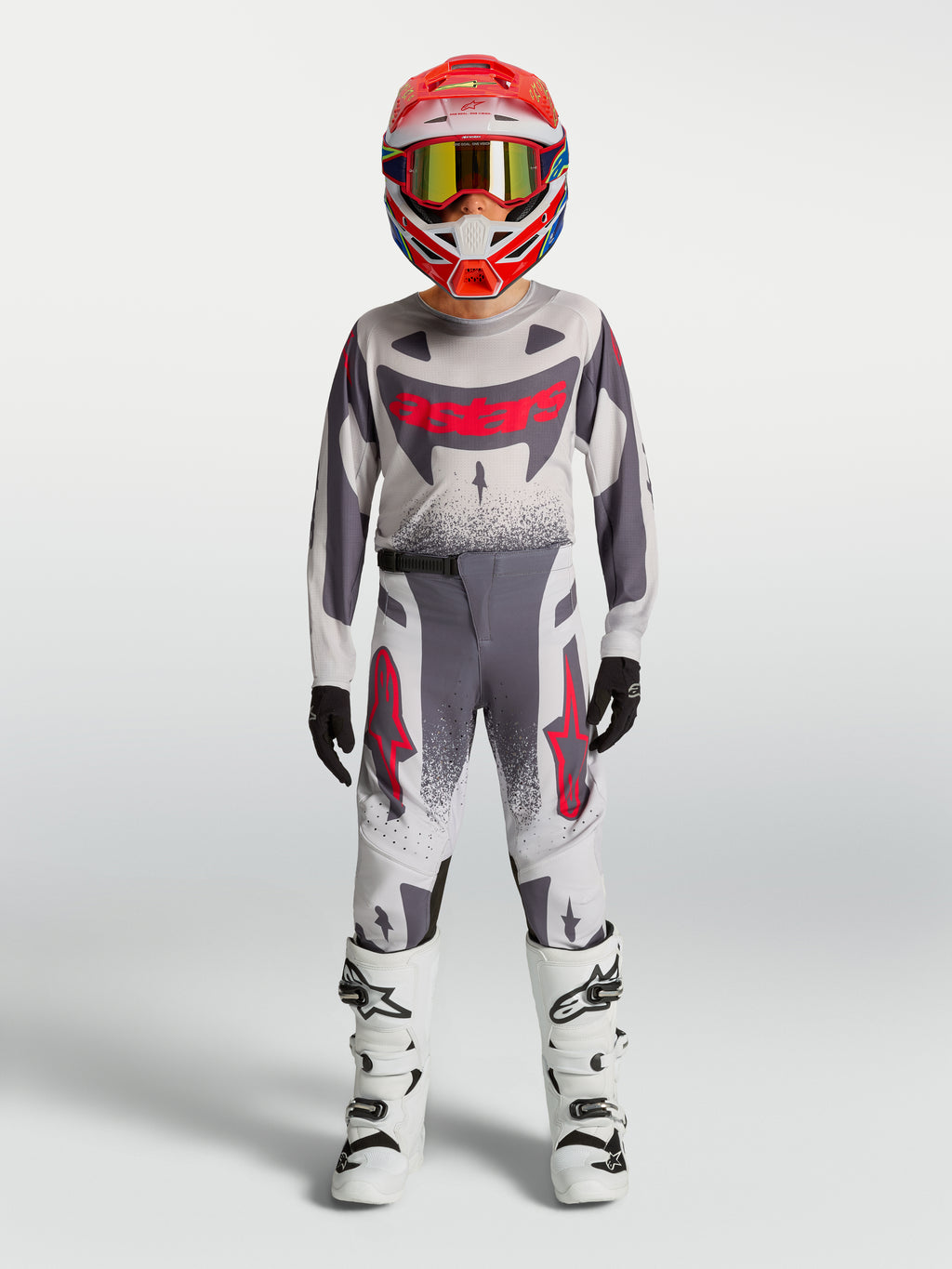 Alpinestars Calças Supertech Swan Juventude, equipamento de motocross para jovens, cinzento e vermelho, ajuste atlético de performance.
