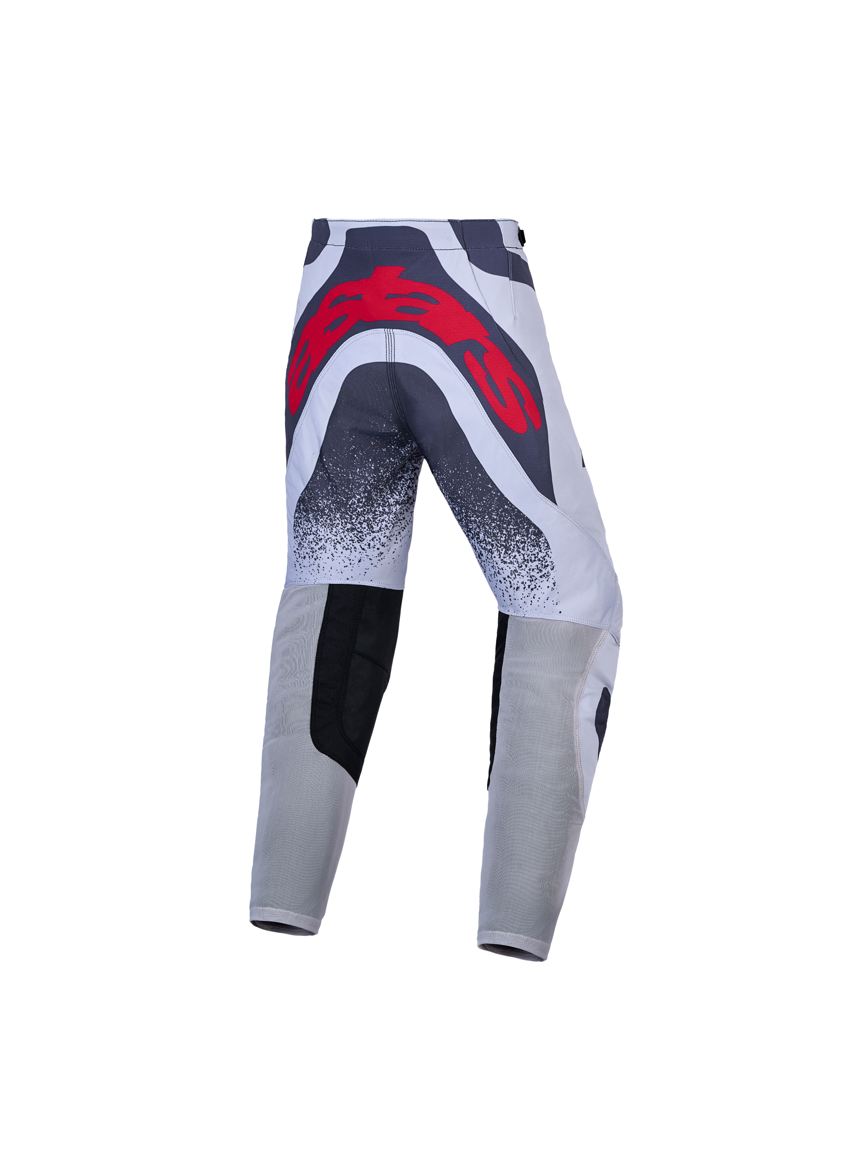 Calças de motocross Alpinestars Juventude Supertech Swan, cinzentas e vermelhas, vista traseira e ajuste atlético.