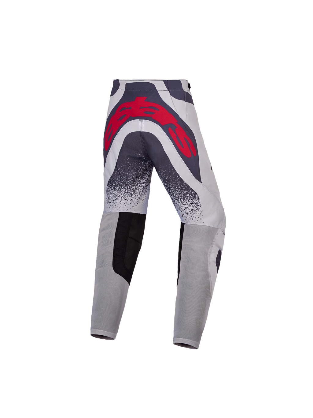 Alpinestars Calças Supertech Swan Juventude, calças de motocross cinzentas e vermelhas, vista traseira com logótipo e painéis ventilados.