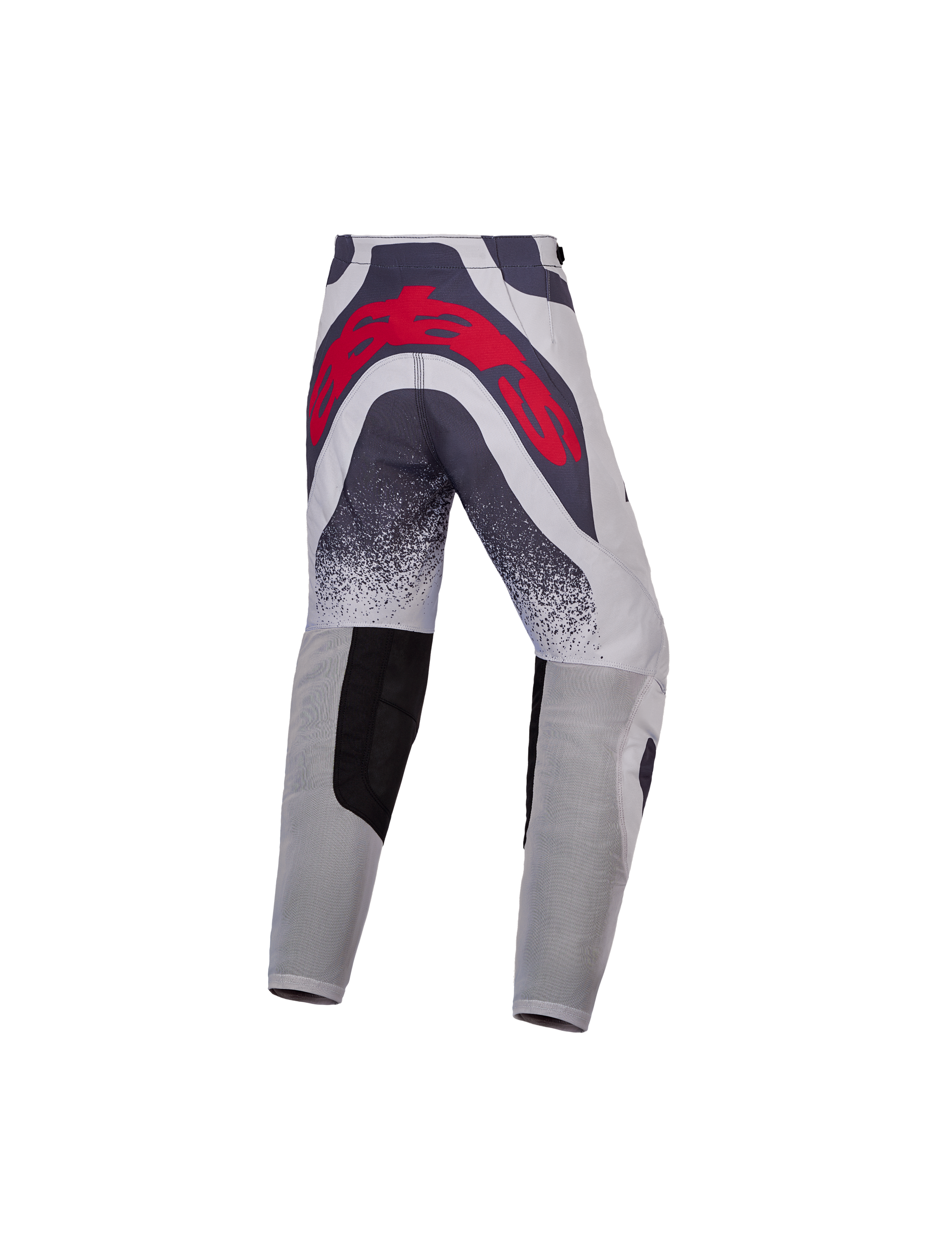 Alpinestars Calças Supertech Swan Juventude, calças de motocross cinzentas e vermelhas, vista traseira com logótipo e painéis ventilados.