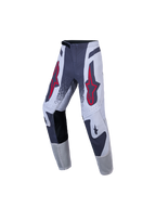 Alpinestars Youth Supertech Swan, calças de motocross para juventude, cinzentas e brancas com logótipos de estrela vermelhos, tecido rip-stop elástico