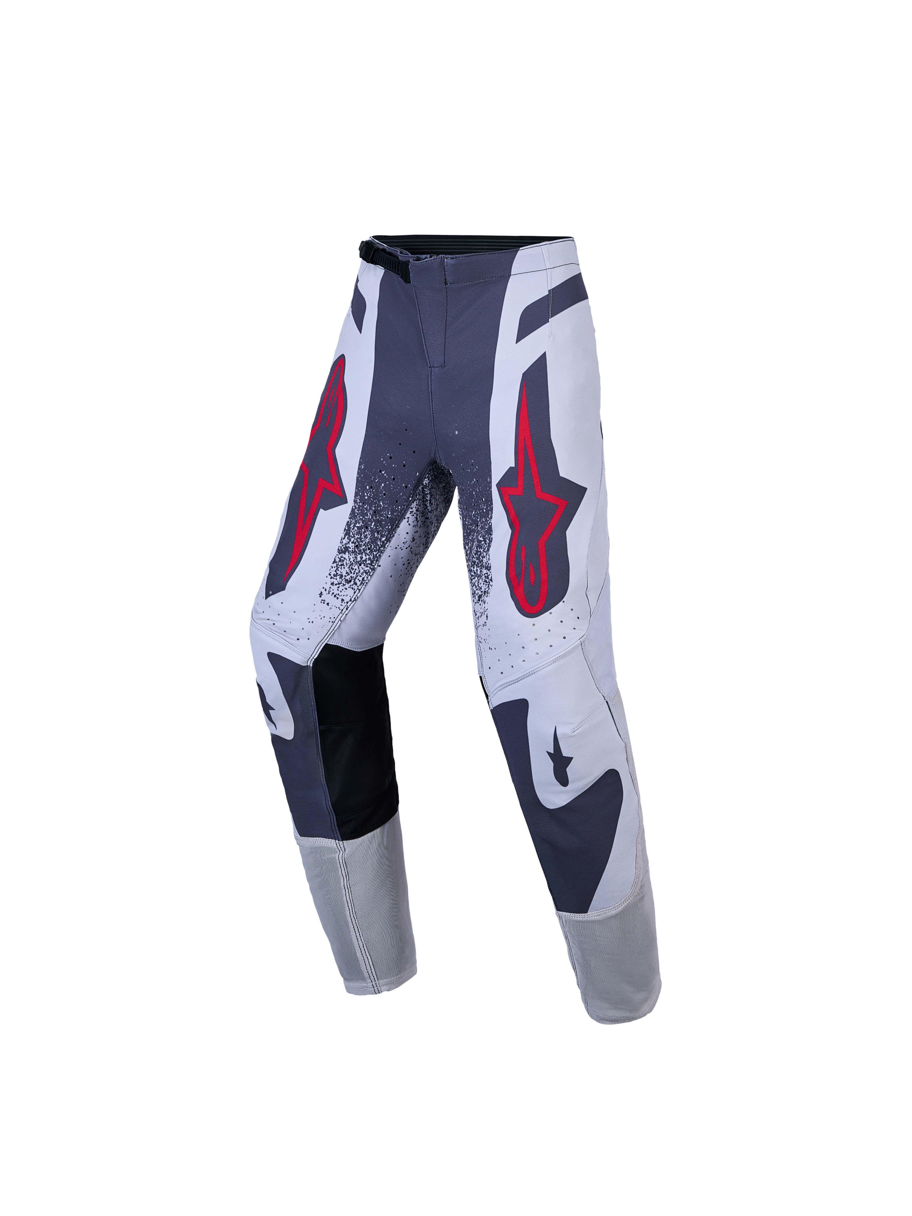 Alpinestars Youth Supertech Swan, calças de motocross para juventude, cinzentas e brancas com logótipos de estrela vermelhos, tecido rip-stop elástico