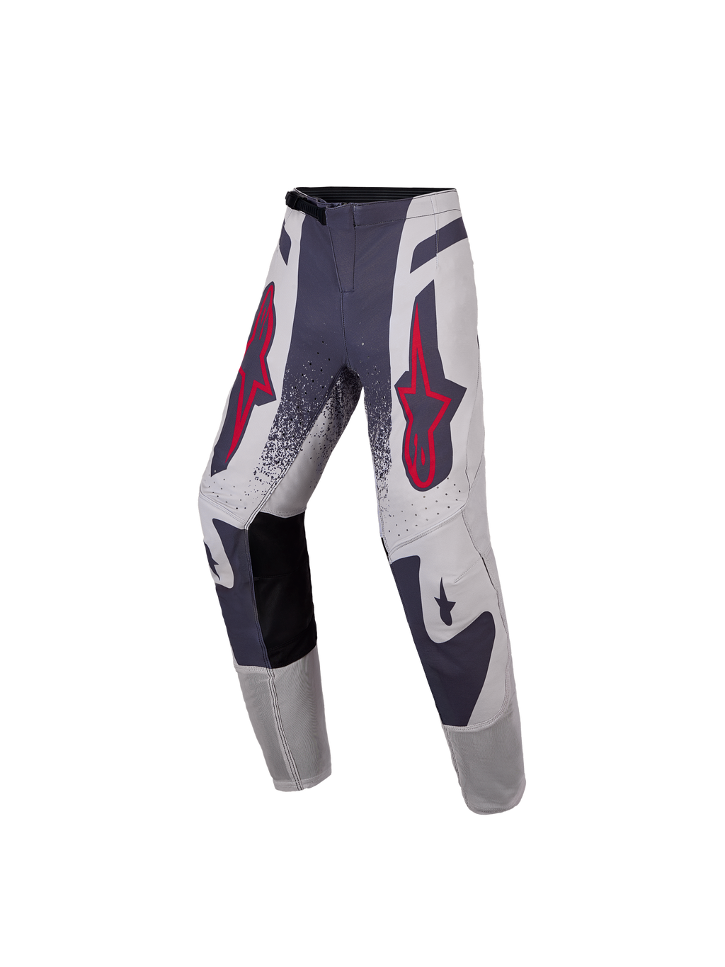 Alpinestars Calças Supertech Swan Juventude 2027, equipamento de motocross cinzento e vermelho fluo com rip-stop elástico.