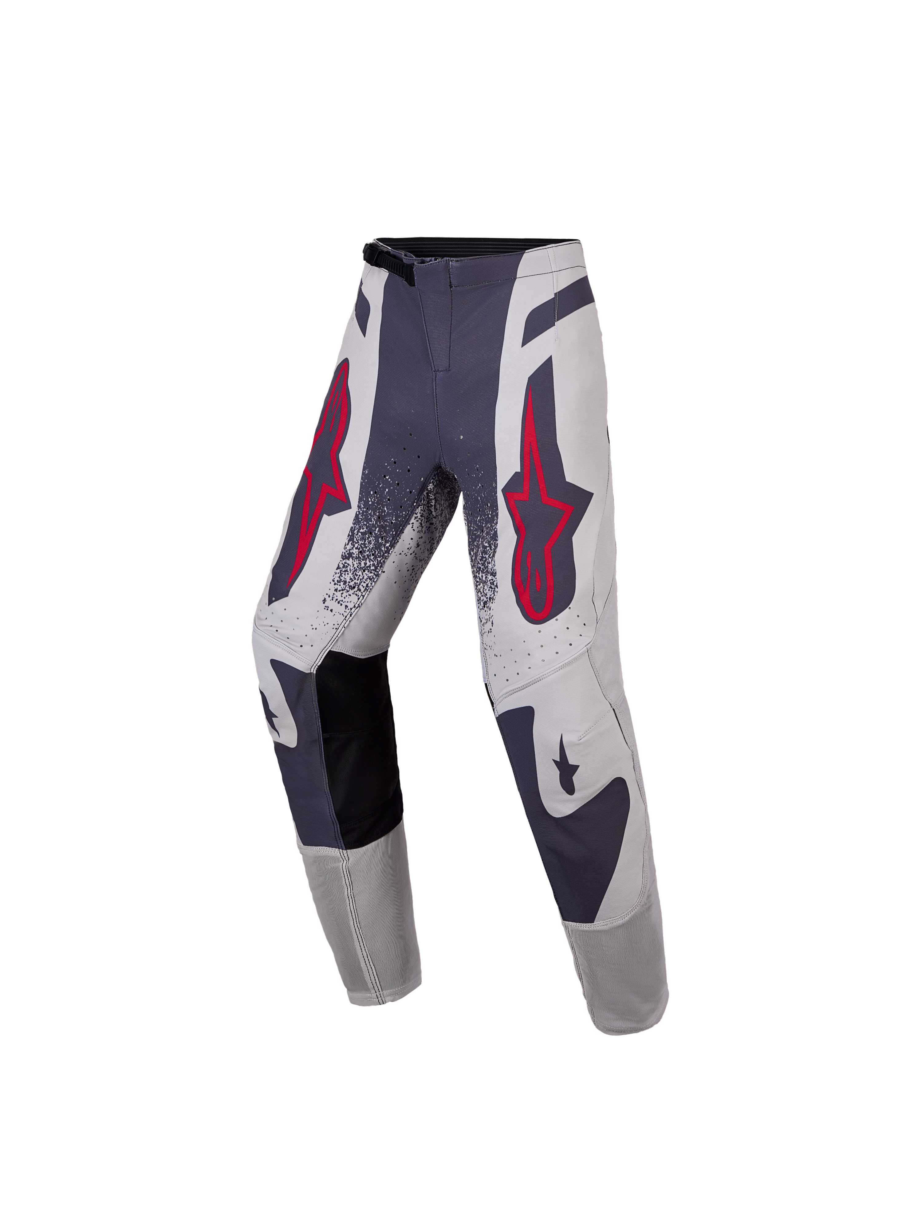 Alpinestars Calças Supertech Swan Juventude 2027, equipamento de motocross cinzento e vermelho fluo com rip-stop elástico.