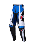 Alpinestars 2025 Youth Racer Wurx Pants, calças de motocross para jovens, azuis, pretas e brancas, logótipos de estrela vermelhos, equipamento de corrida todo-o-terreno para jovens