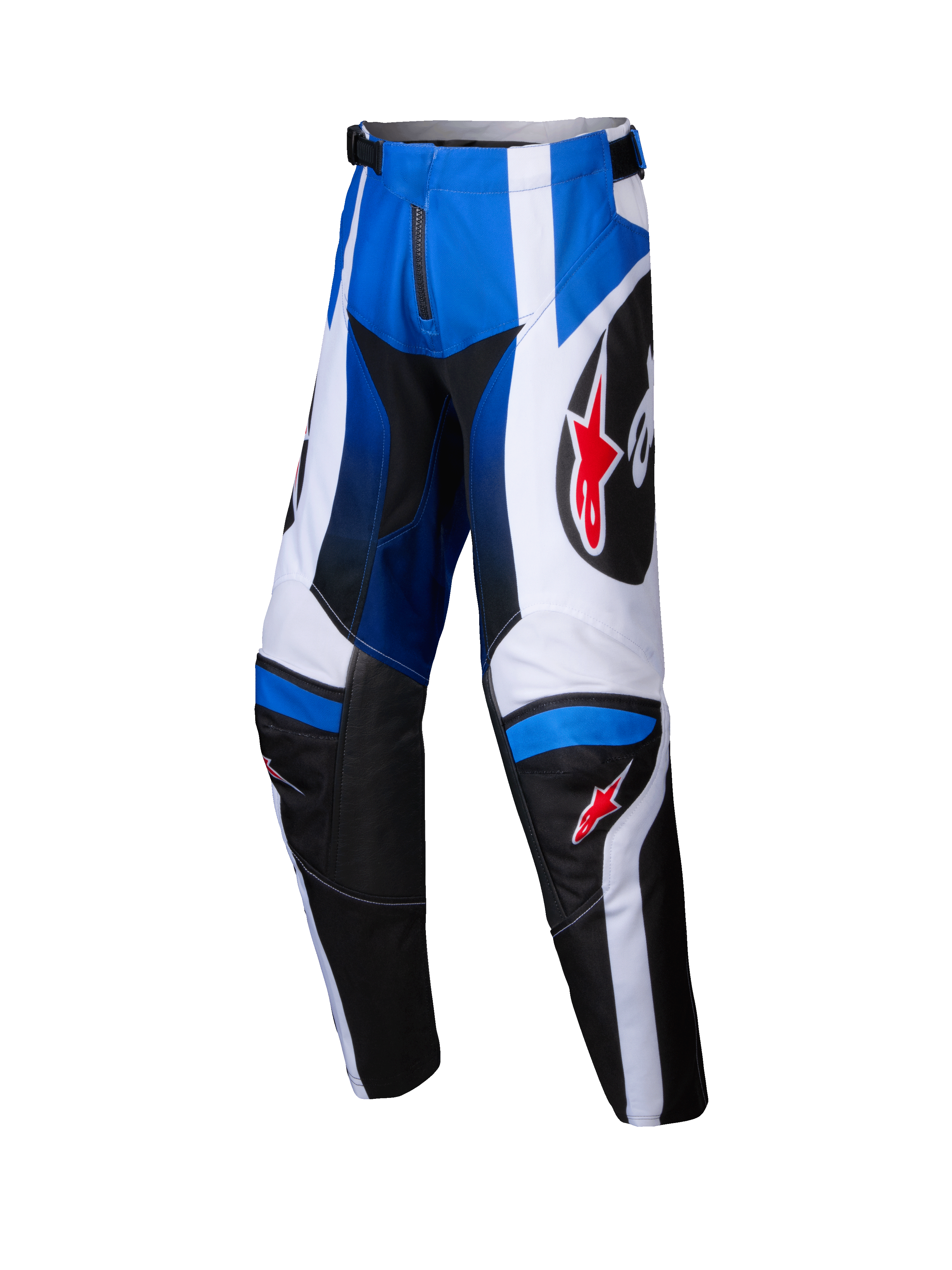 Alpinestars 2025 Youth Racer Wurx Pants, calças de motocross para jovens, azuis, pretas e brancas, logótipos de estrela vermelhos, equipamento de corrida todo-o-terreno para jovens