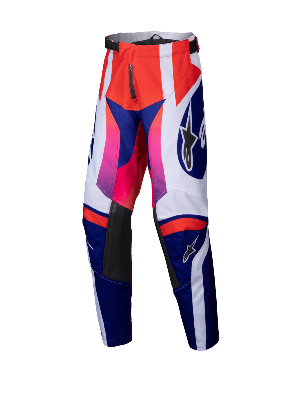 Alpinestars 2025 Youth Racer Wurx Pants, Motocross Pants, Red Blue Pink and White, bold geometric pattern with pink-to-red gradients, black leather inner knee panels, adjustable waist, durable textile construction for youth off-road racing