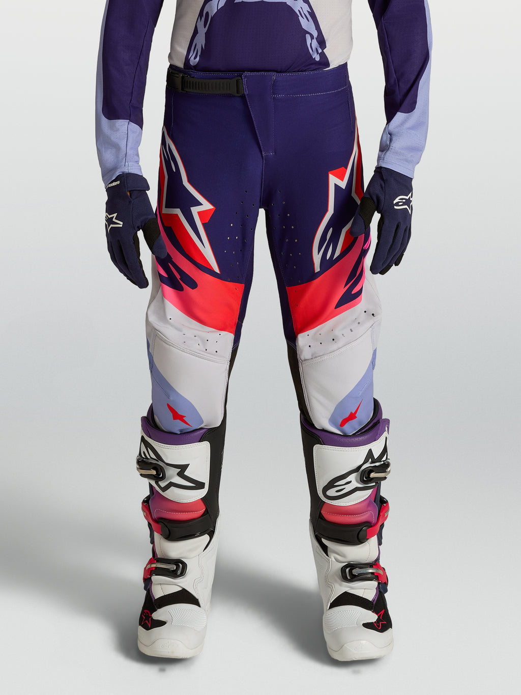 Alpinestars Supertech Dyna Juventude, calças de motocross para jovens, roxas e rosa, construção rip-stop elástica leve.