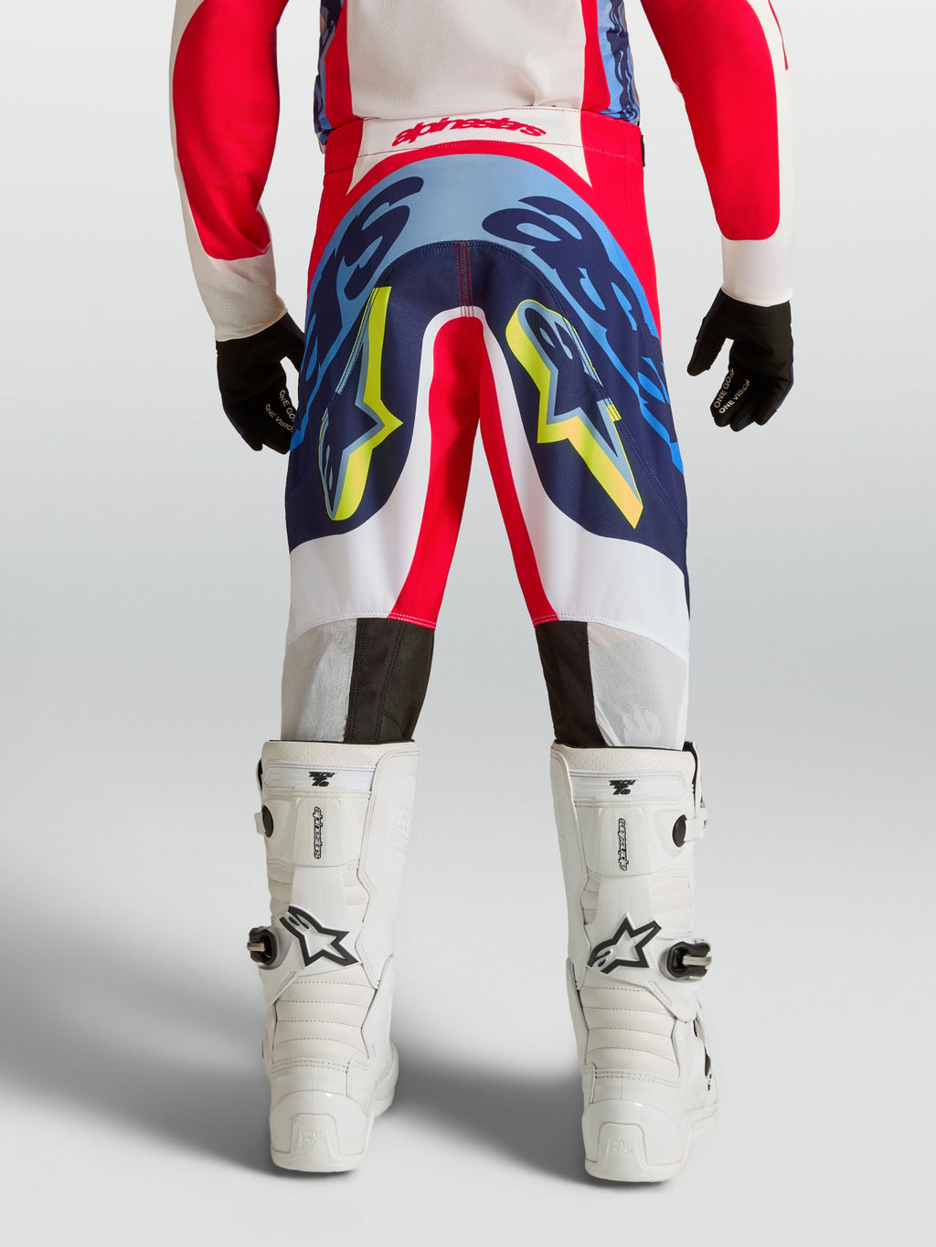 Alpinestars calças Supertech Dyna Juventude, calças de motocross para jovens, vermelhas e azul-marinho, vista traseira