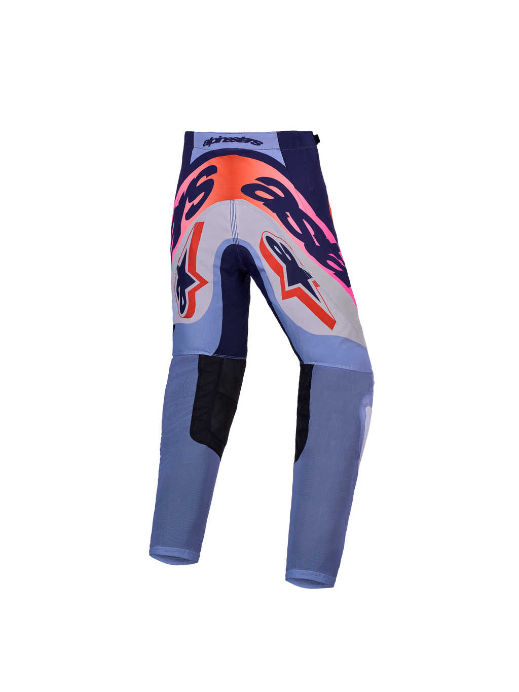Alpinestars Supertech Dyna Juventude, calças de motocross roxas e rosa fluo, reforço de assento 600D, para jovens pilotos.