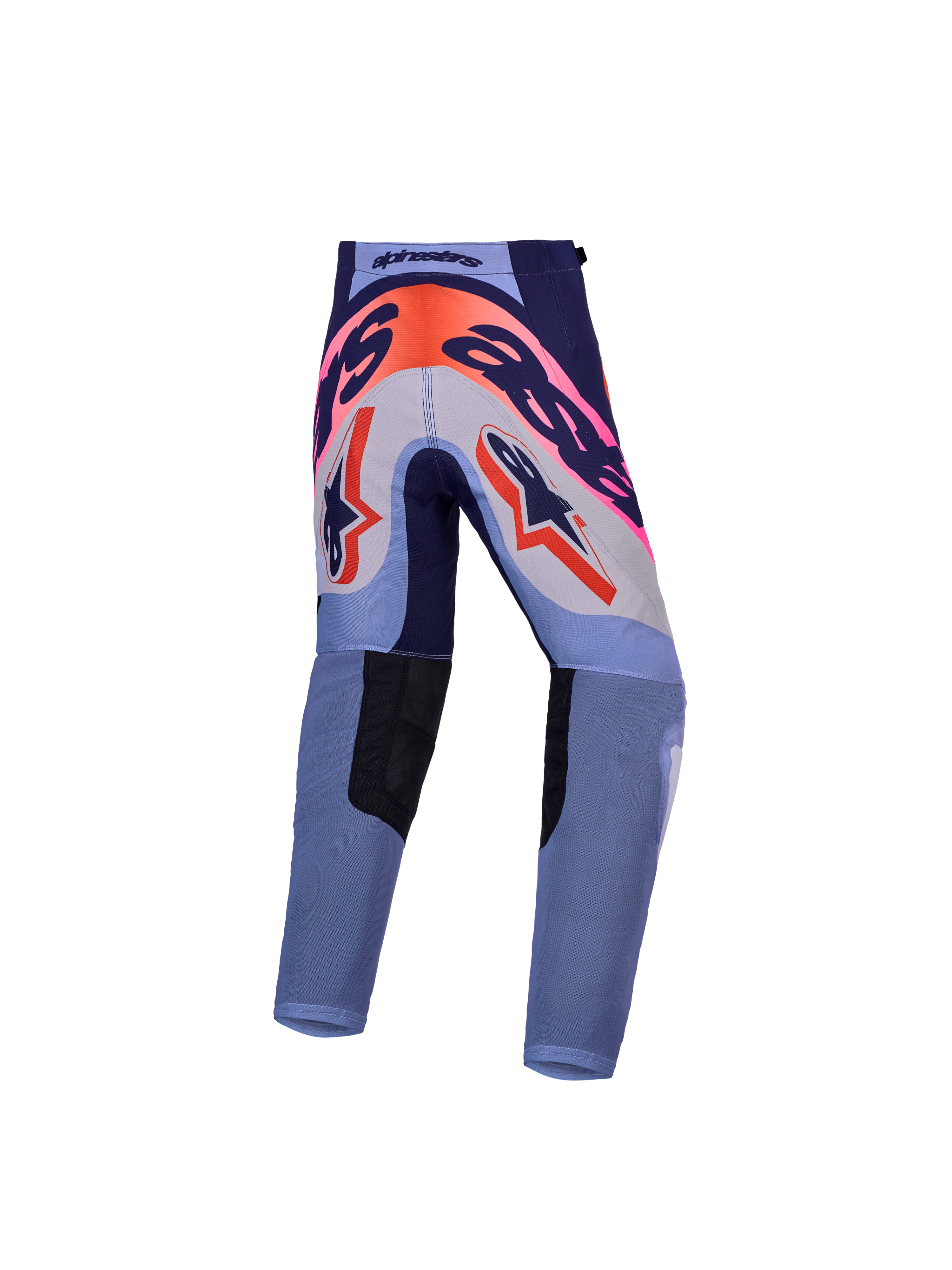 Alpinestars Supertech Dyna Juventude, calças de motocross roxas e rosa fluo, reforço de assento 600D, para jovens pilotos.