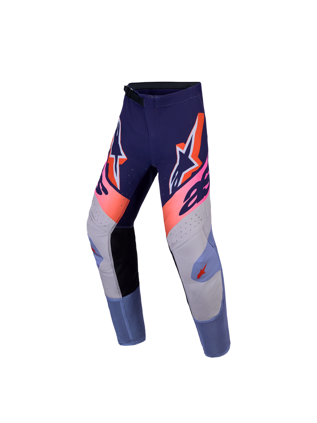 Calças Alpinestars Supertech Dyna Juventude, motocross para jovens, roxo e rosa fluorescente, tecido rip-stop elástico.
