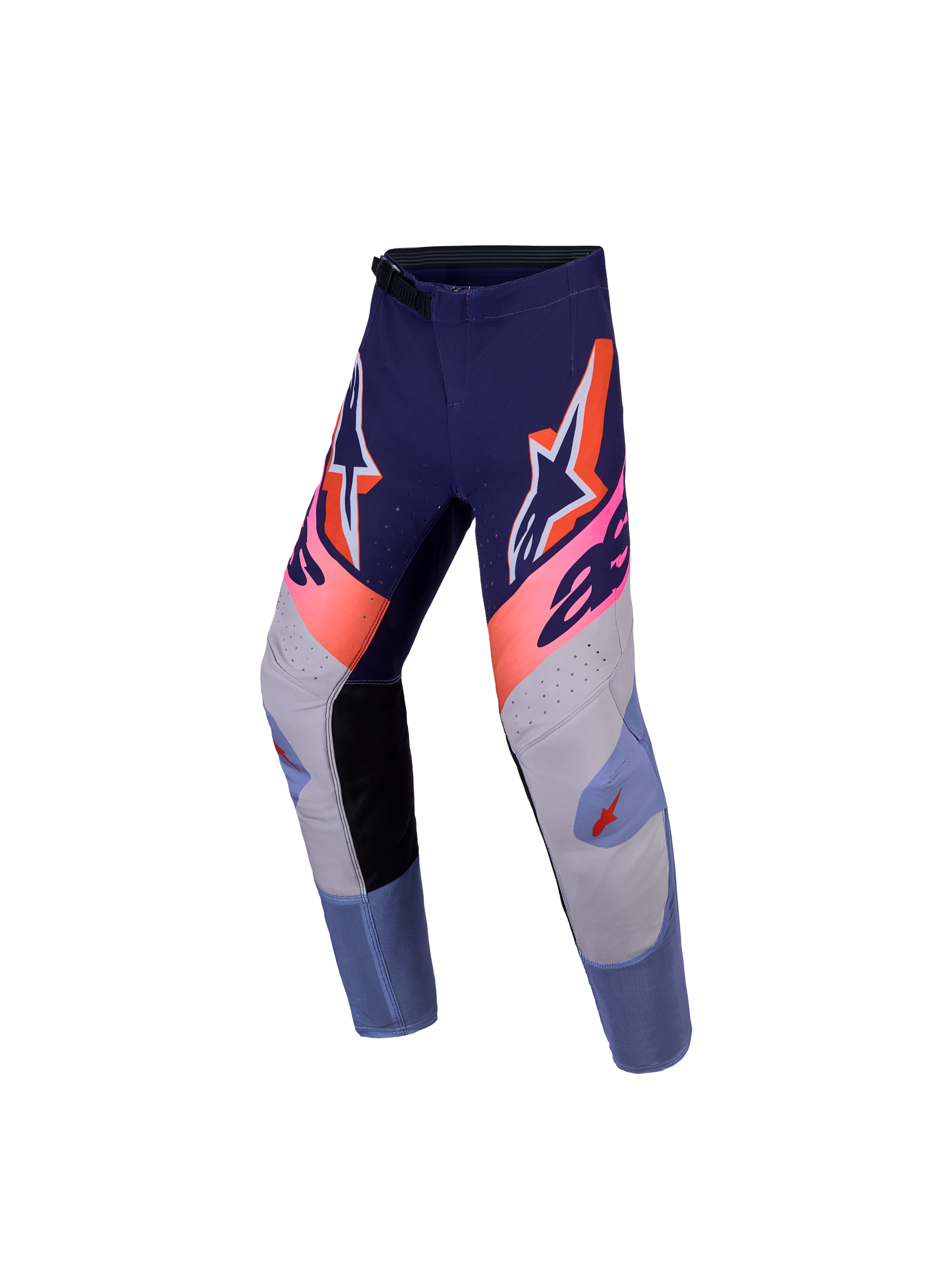 Calças Alpinestars Supertech Dyna Juventude, motocross para jovens, roxo e rosa fluorescente, tecido rip-stop elástico.