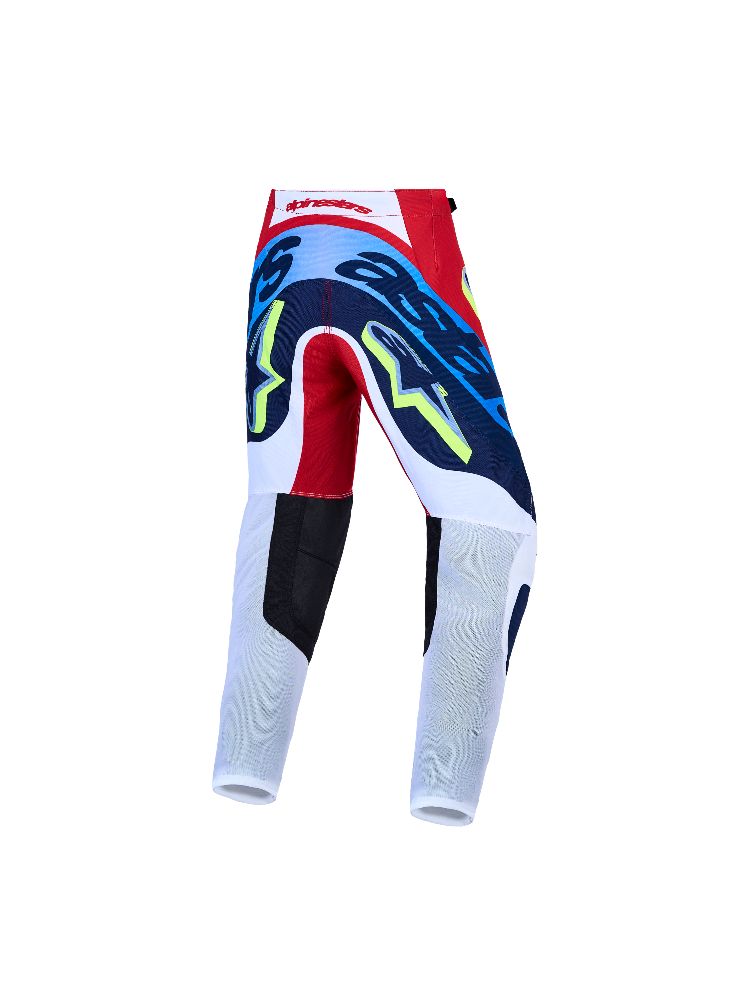 Alpinestars Calças Supertech Dyna Jovem e Gear Set, motocross, em vermelho, branco e azul-marinho, vista traseira.