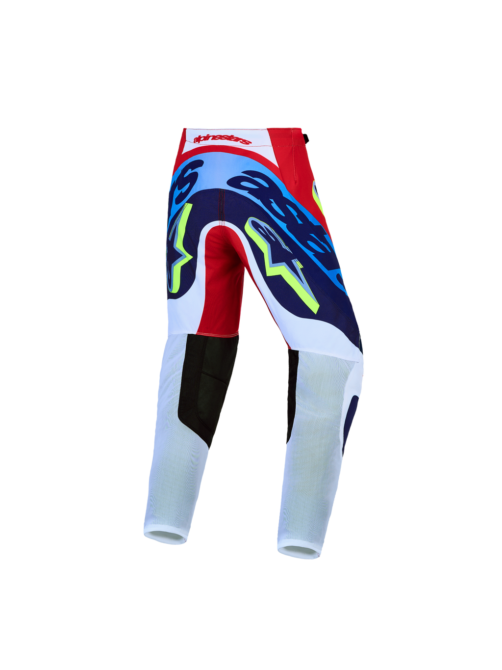 Alpinestars Calças Supertech Dyna Juventude, calças de motocross, vermelhas, brancas e azul-marinho, vista traseira, tecido rip-stop elástico.