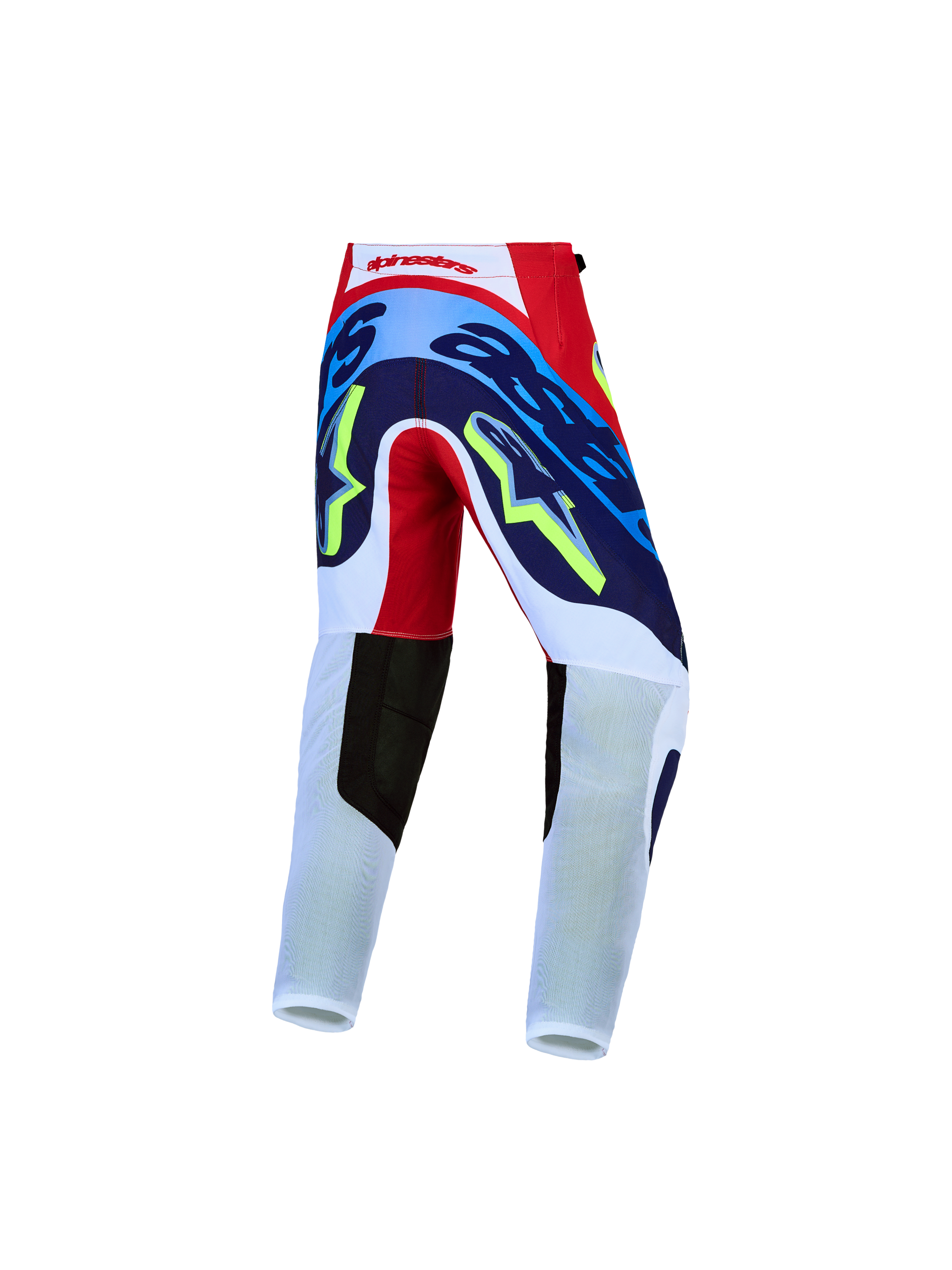 Alpinestars Calças Supertech Dyna Juventude, calças de motocross, vermelhas, brancas e azul-marinho, vista traseira, tecido rip-stop elástico.