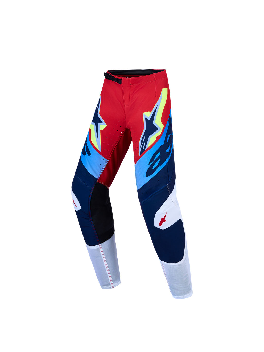 Alpinestars Calças Supertech Dyna Jovem e Gear Set, calças de motocross vermelhas e azul-marinho com rip-stop elástico.