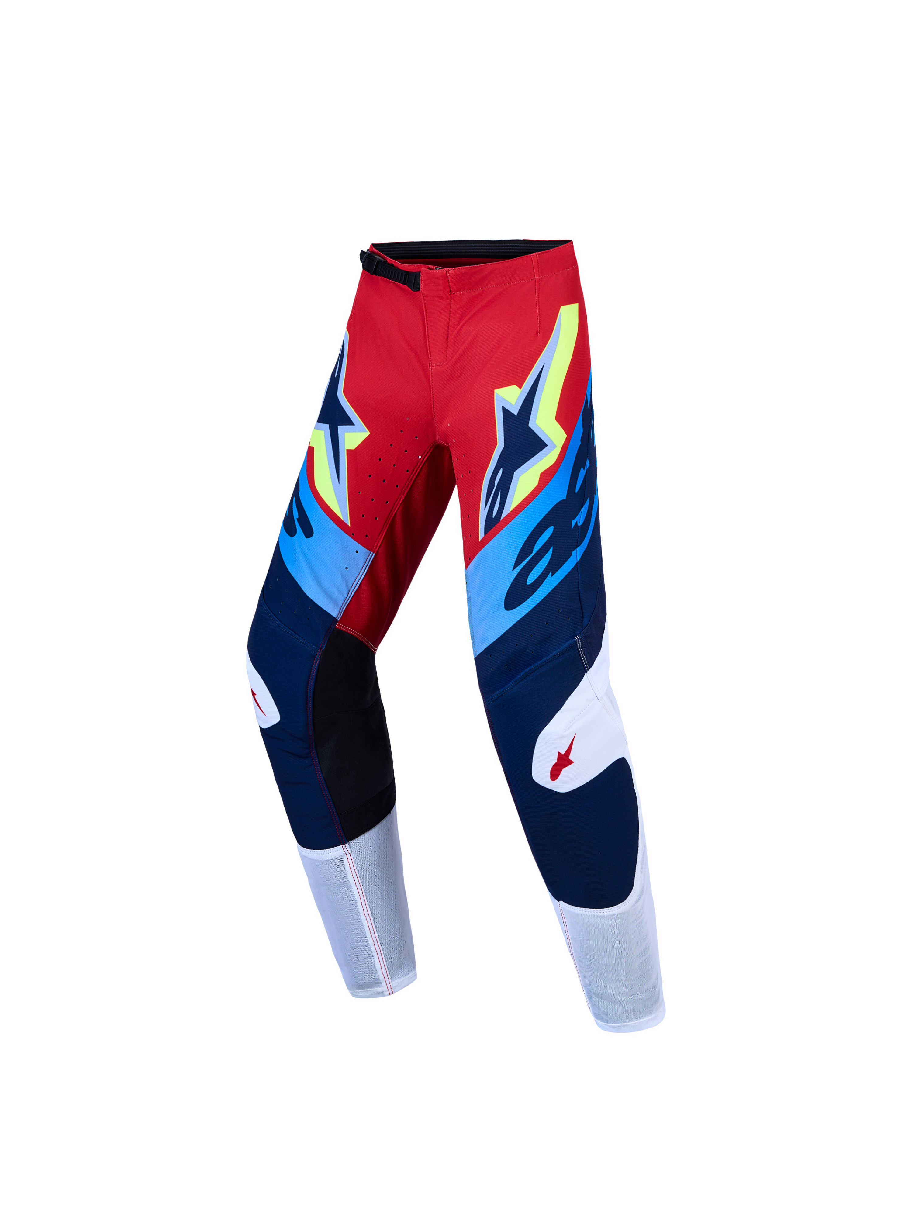 Alpinestars Calças Supertech Dyna Jovem e Gear Set, calças de motocross vermelhas e azul-marinho com rip-stop elástico.