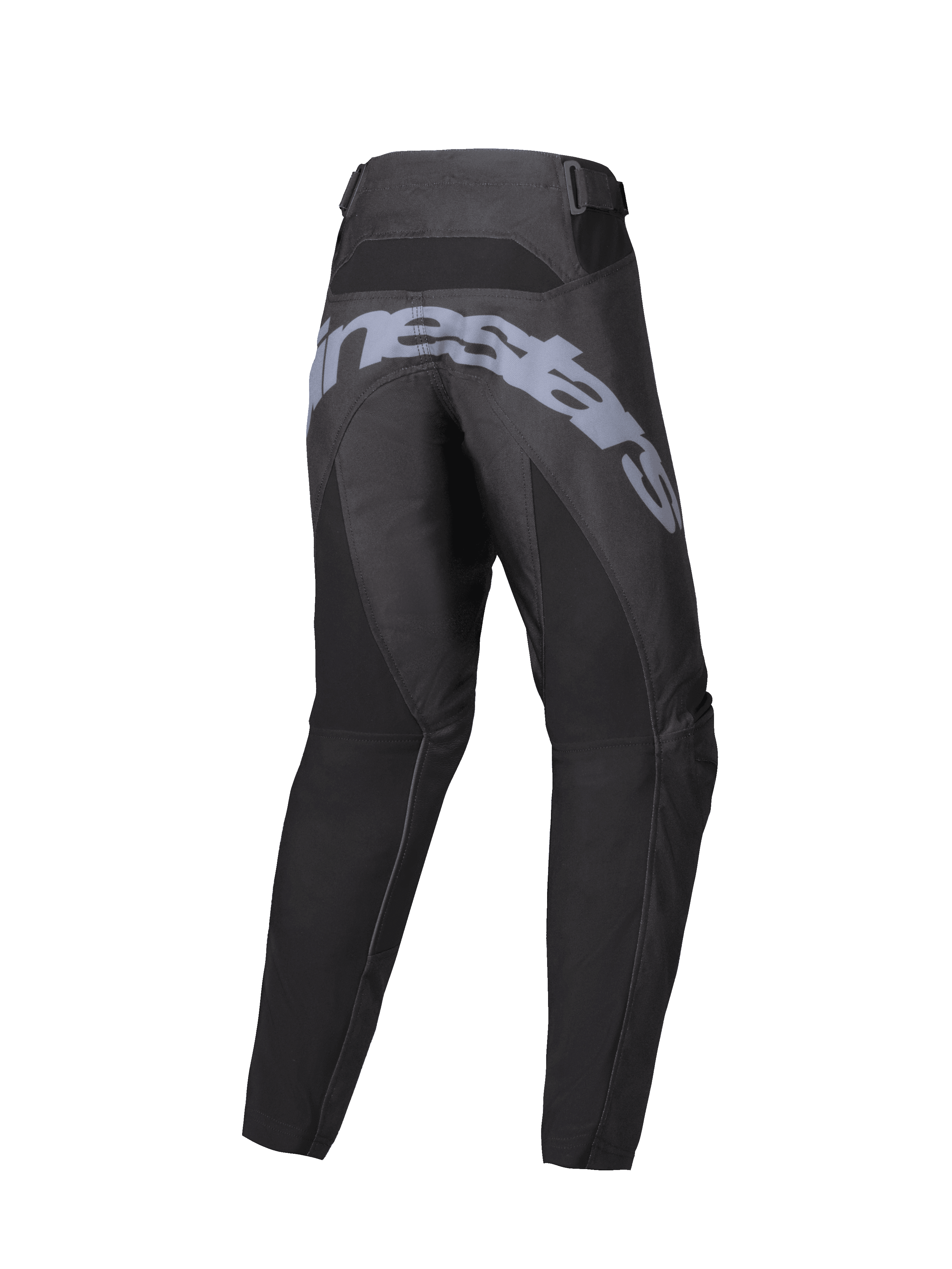 Alpinestars 2025 Youth Racer Graphite Pants, calças de motocross para jovens, pretas e cinzentas, vista traseira com marca cinzenta grande no assento, construção ergonómica pré-curvada e tiras de ajuste na cintura para condução todo-o-terreno