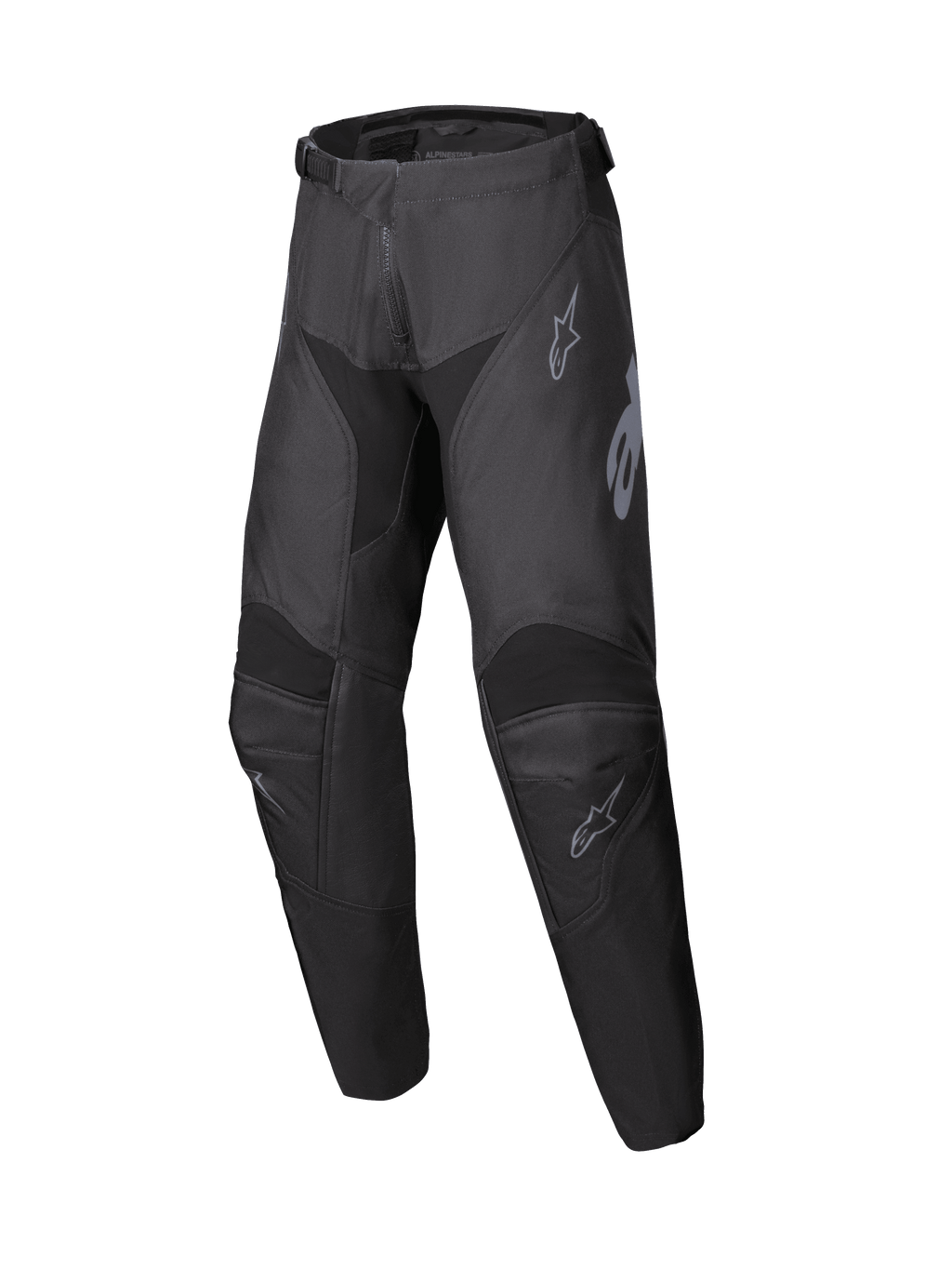 Alpinestars 2025 Youth Racer Graphite Pants, calças de motocross para jovens, pretas e cinzentas, equipamento de condução todo-o-terreno com áreas dos joelhos reforçadas e logótipos cinzentos subtis, design ergonómico e durável