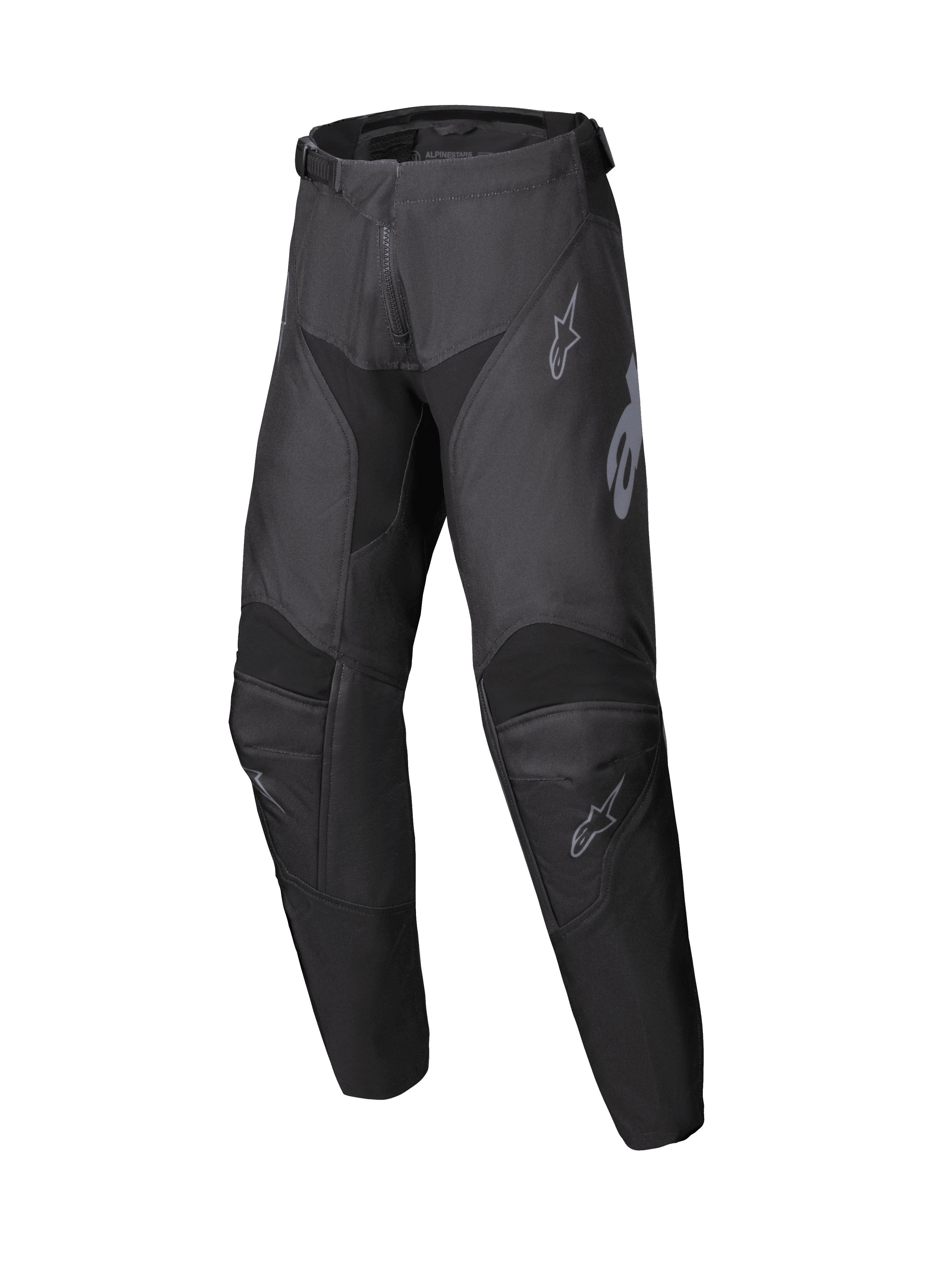 Alpinestars 2025 Youth Racer Graphite Pants, calças de motocross para jovens, pretas e cinzentas, equipamento de condução todo-o-terreno com áreas dos joelhos reforçadas e logótipos cinzentos subtis, design ergonómico e durável