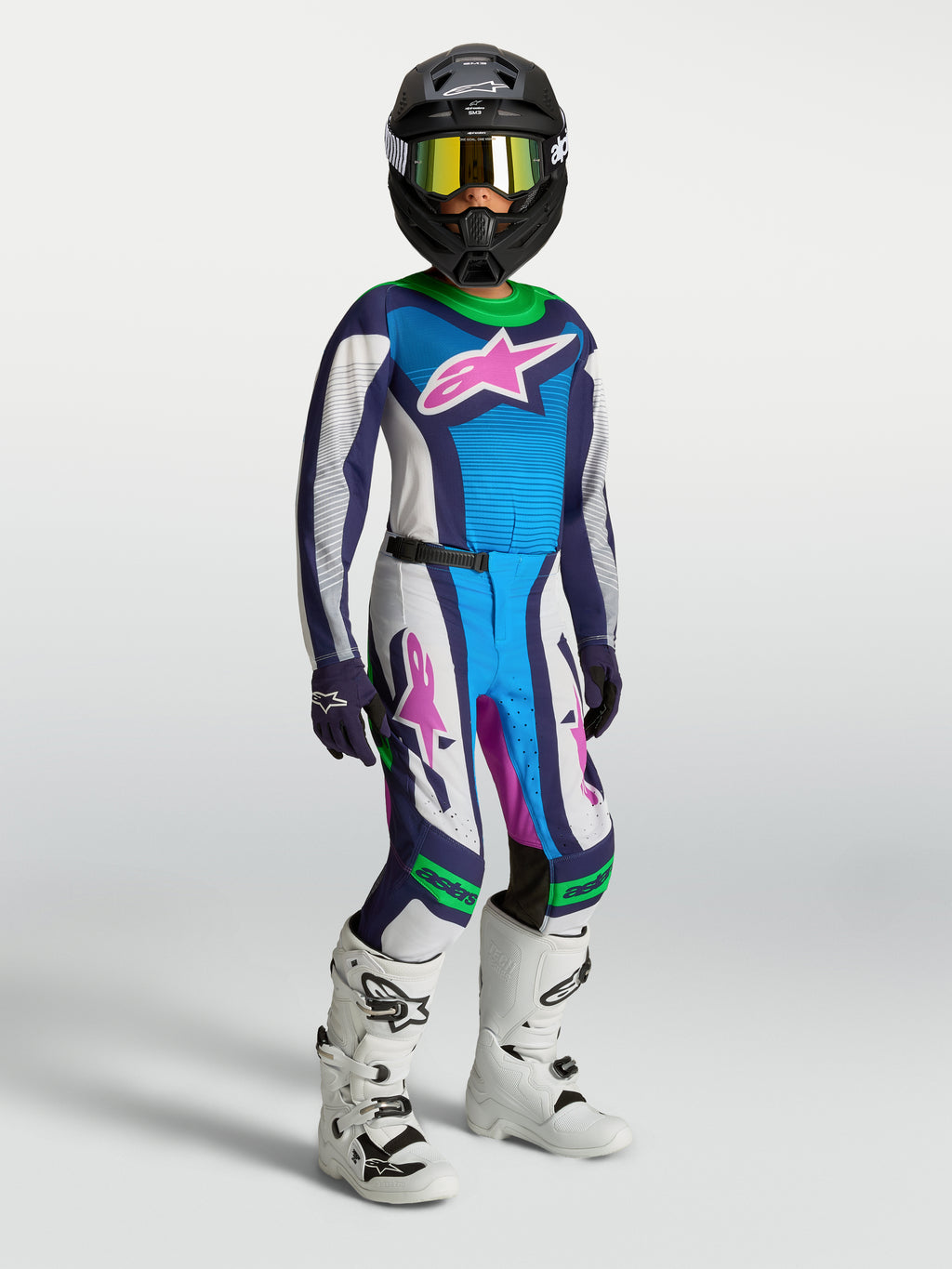 Alpinestars Supertech Maven, calças de motocross para juventude, azuis, brancas e verdes, ajuste atlético de desempenho.