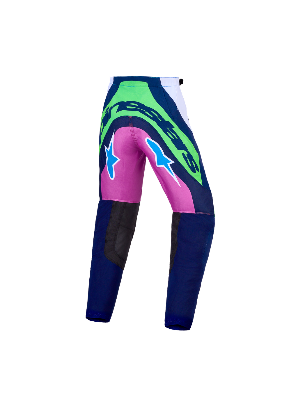 Alpinestars Supertech Maven Juventude, calças de motocross azuis, verdes e rosa, vista traseira, tecido rip-stop durável.