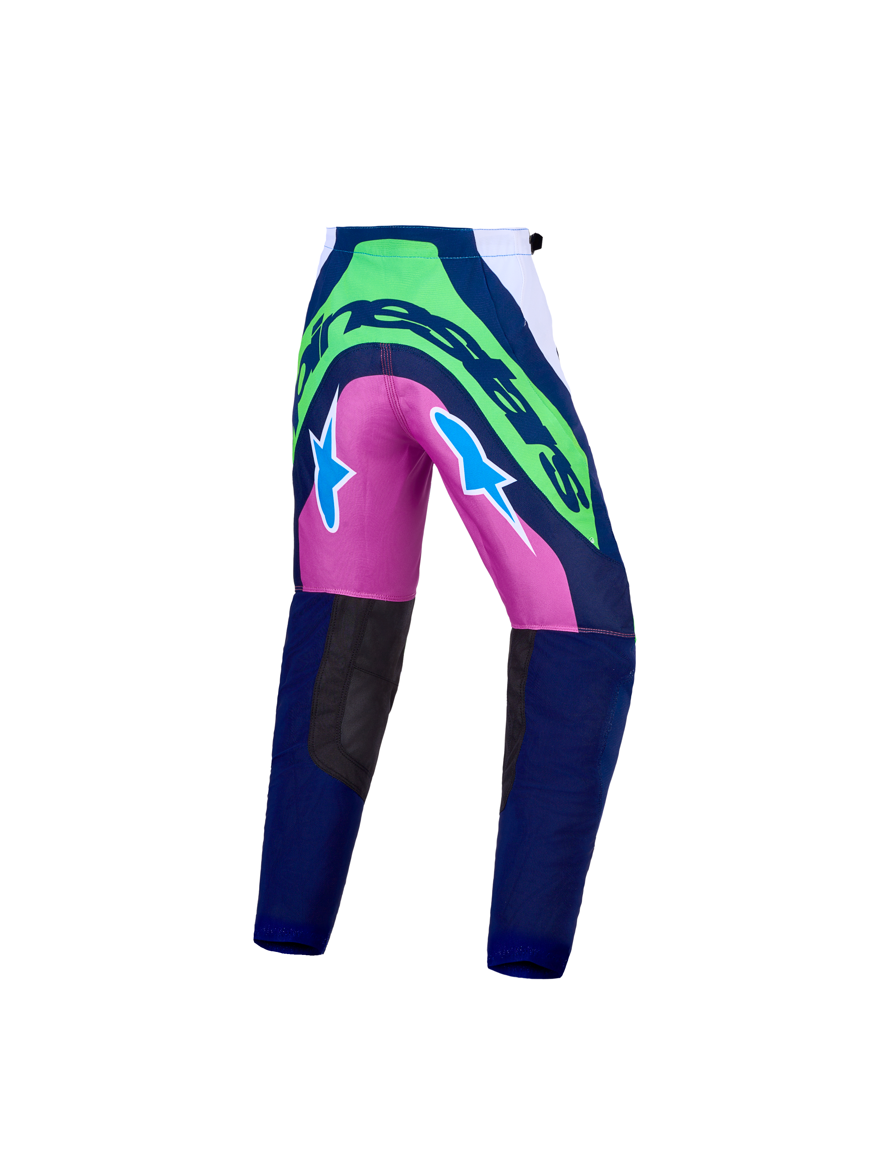 Alpinestars Supertech Maven Juventude, calças de motocross azuis, verdes e rosa, vista traseira, tecido rip-stop durável.