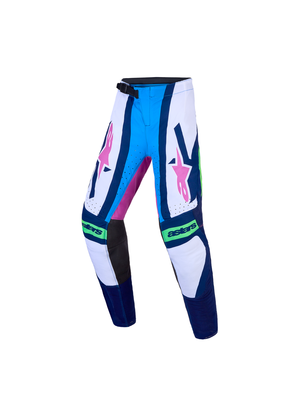 Calças Supertech Maven Juventude da Alpinestars, calças de motocross para jovens, azuis e brancas com gráficos rosa e verdes, ajuste atlético elástico para off-road.