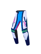 Calças Supertech Maven Juventude da Alpinestars, calças de motocross para jovens, azuis e brancas com gráficos rosa e verdes, ajuste atlético elástico para off-road.