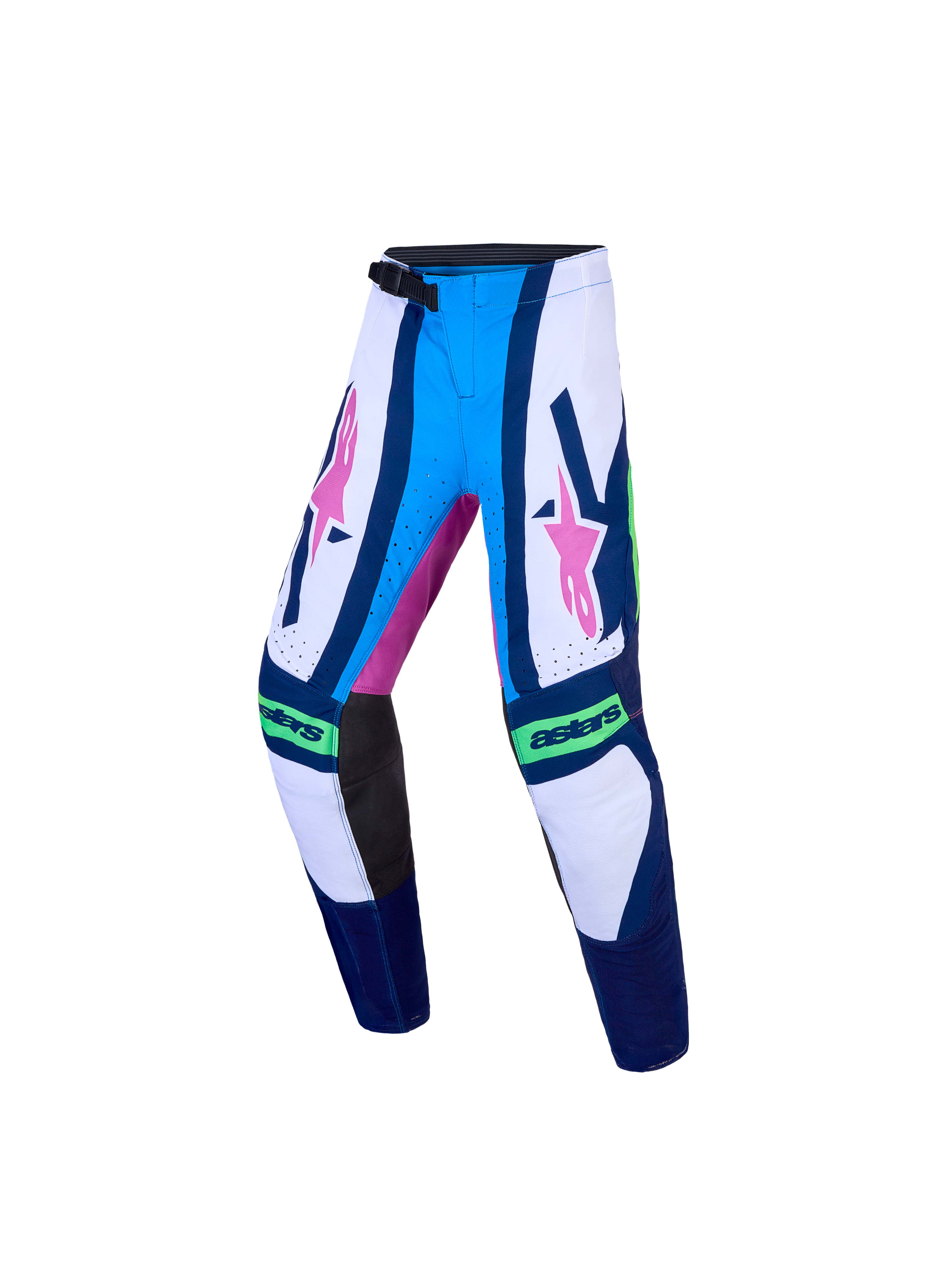 Calças Supertech Maven Juventude da Alpinestars, calças de motocross para jovens, azuis e brancas com gráficos rosa e verdes, ajuste atlético elástico para off-road.