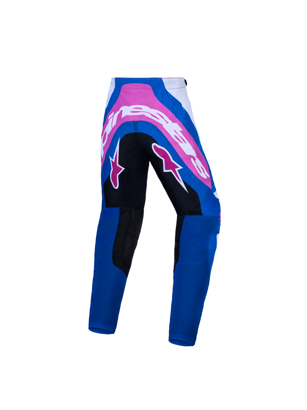 Alpinestars calças Supertech Maven Jovem, calças de motocross azuis e rosa com assento reforçado durável, vista traseira.