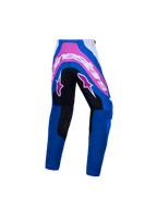 Alpinestars calças Supertech Maven Jovem, calças de motocross azuis e rosa com assento reforçado durável, vista traseira.