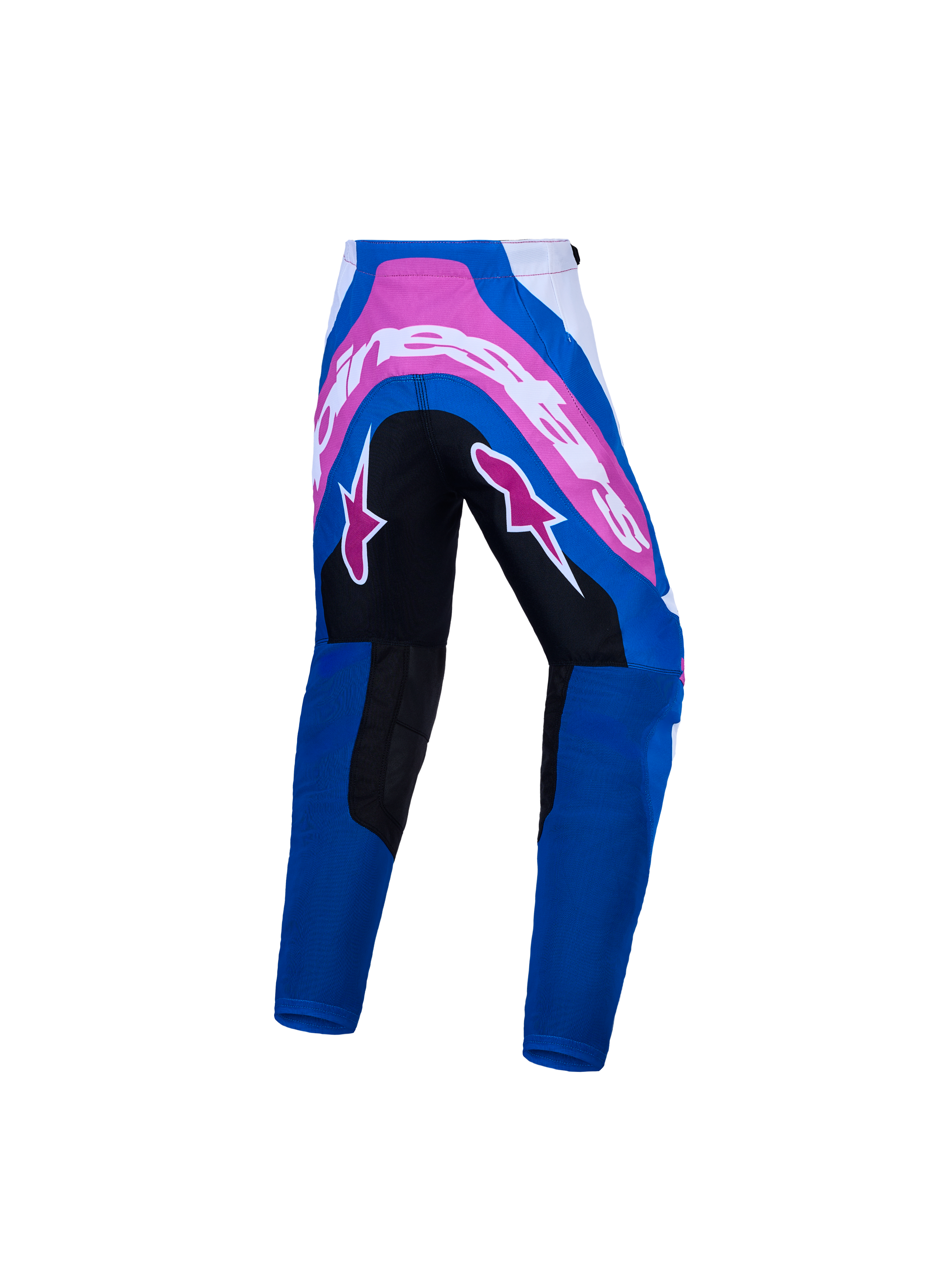 Alpinestars calças Supertech Maven Jovem, calças de motocross azuis e rosa com assento reforçado durável, vista traseira.