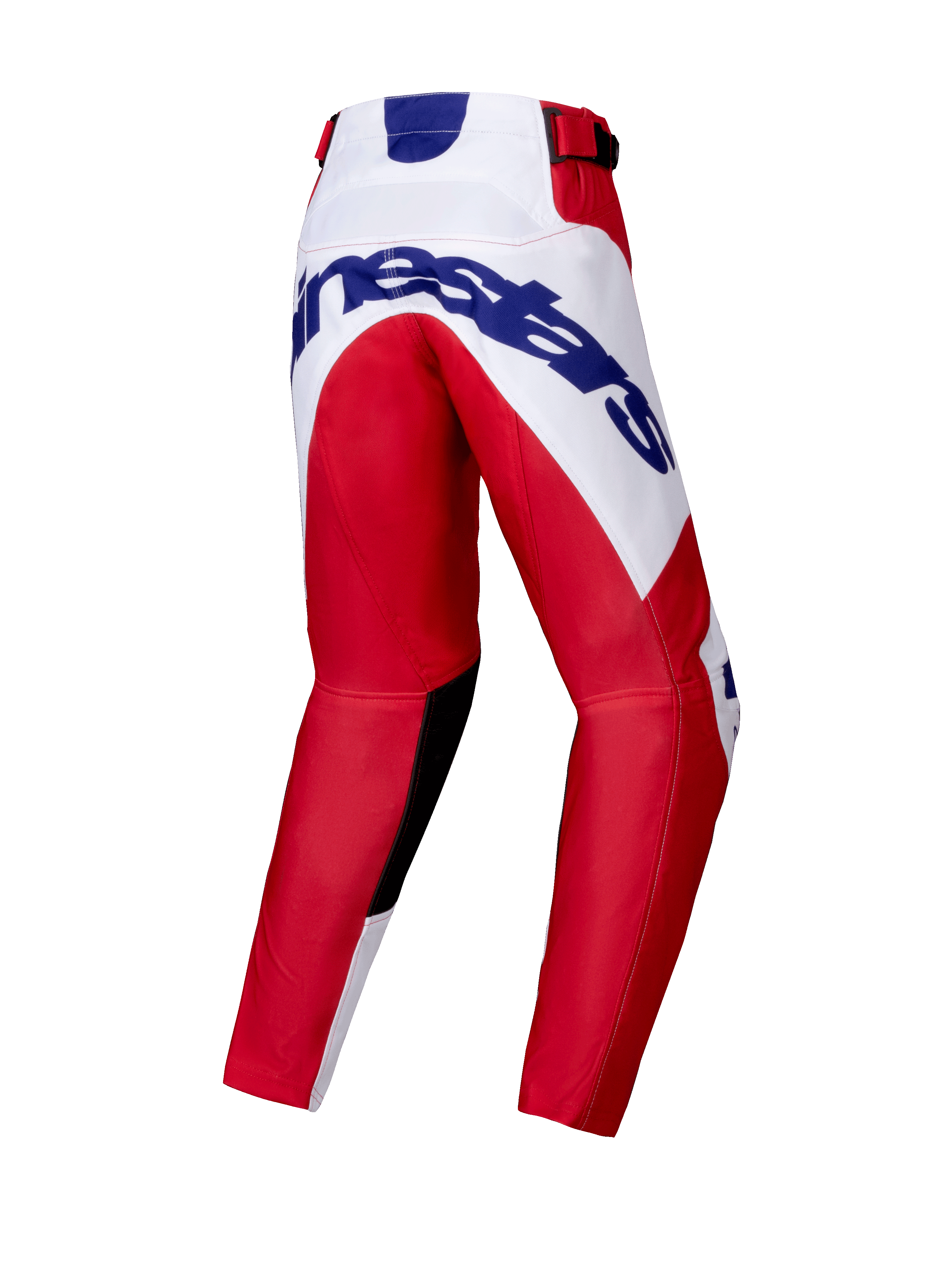 Alpinestars 2025 Youth Racer Veil Pants, Motocross Pants, Bright Red and White, rear view showing a large blue Alpinestars logo on the seat, pre-curved leg design, black inner knee panels, and ratchet waist closure.