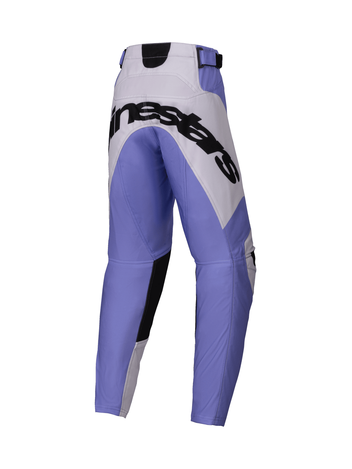 Alpinestars 2025 Youth Racer Veil Pants, calças de motocross, roxo, branco e preto, logótipo Alpinestars grande em preto na zona do assento, design desportivo com painéis reforçados, material durável para corridas off-road