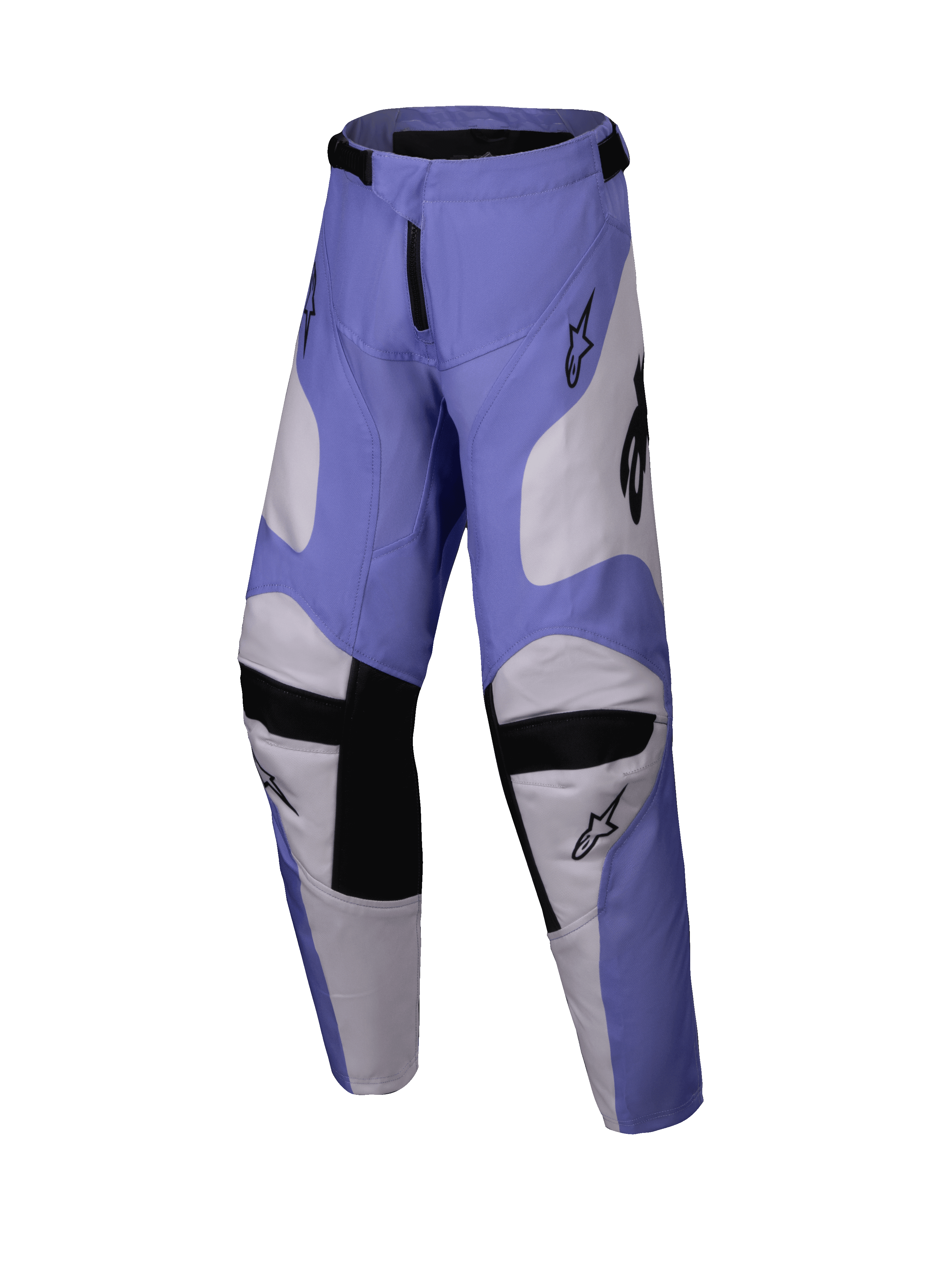 Alpinestars 2025 Youth Racer Veil Pants, calças de motocross para jovens, roxas e brancas com preto, com painéis internos dos joelhos em couro de cabra e design ergonómico pré-curvado, equipamento durável de condução todo-o-terreno para jovens