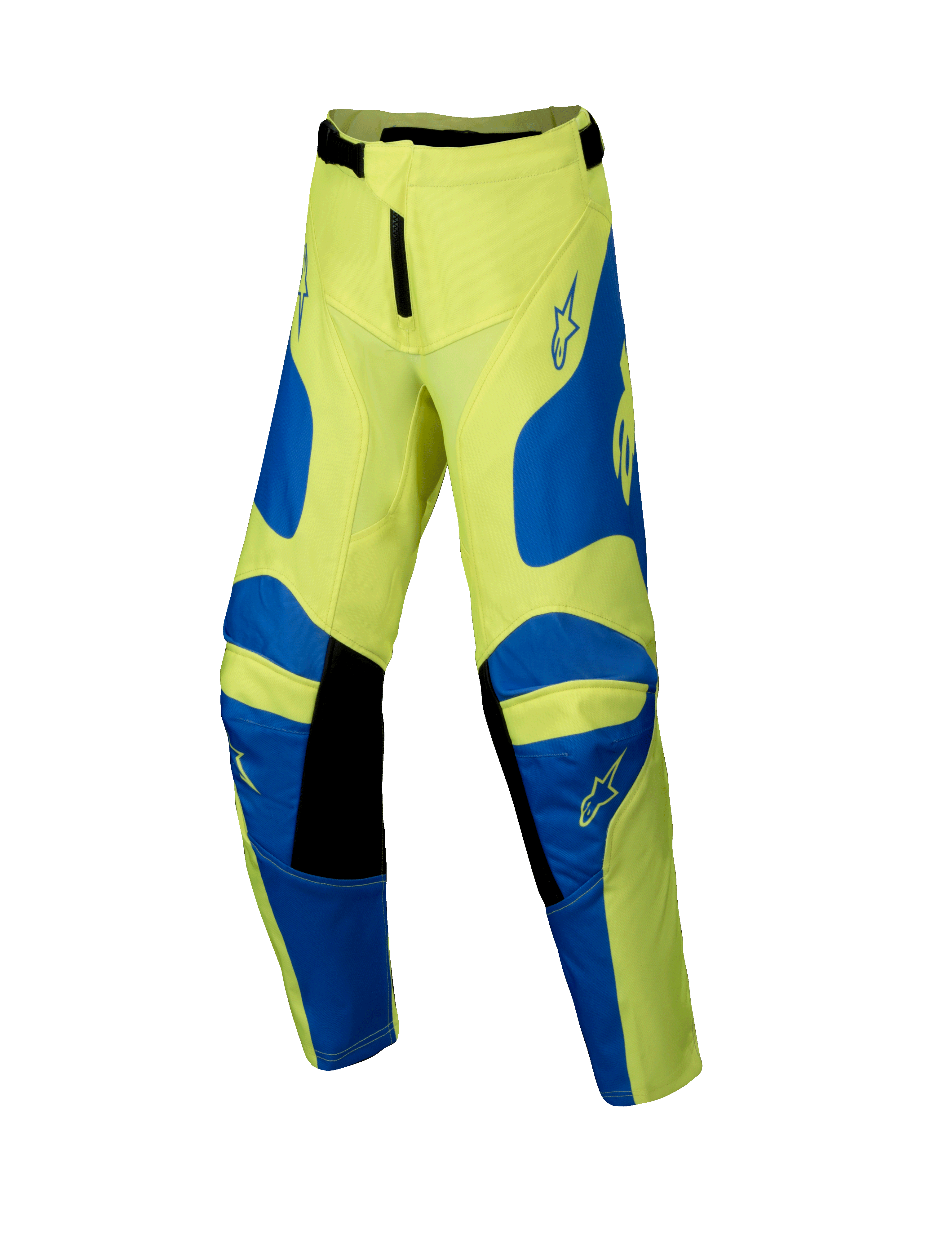 Alpinestars 2025 Youth Racer Veil Pants, Motocross Pants, Yellow Fluo and Blue with Black details, Youth Riding Gear, featuring star logos on thighs and knees, ergonomic pre-curved design for off-road racing