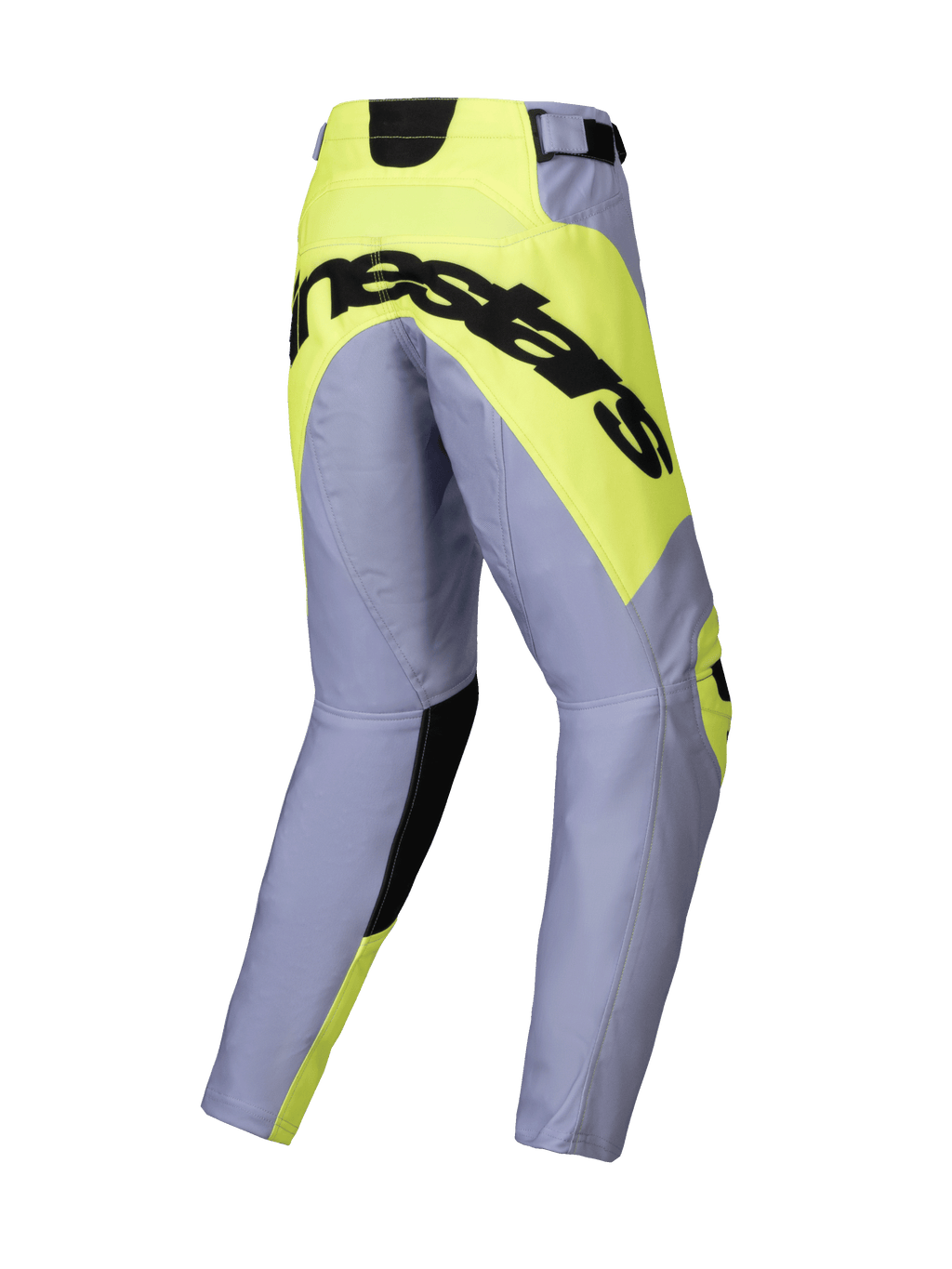 Alpinestars 2025 Youth Racer Veil Pants, calças de motocross, cinza e amarelo fluo, vista traseira com logótipo Alpinestars preto em destaque num painel de assento amarelo néon, construção de perna pré-curvada para corridas todo-o-terreno.
