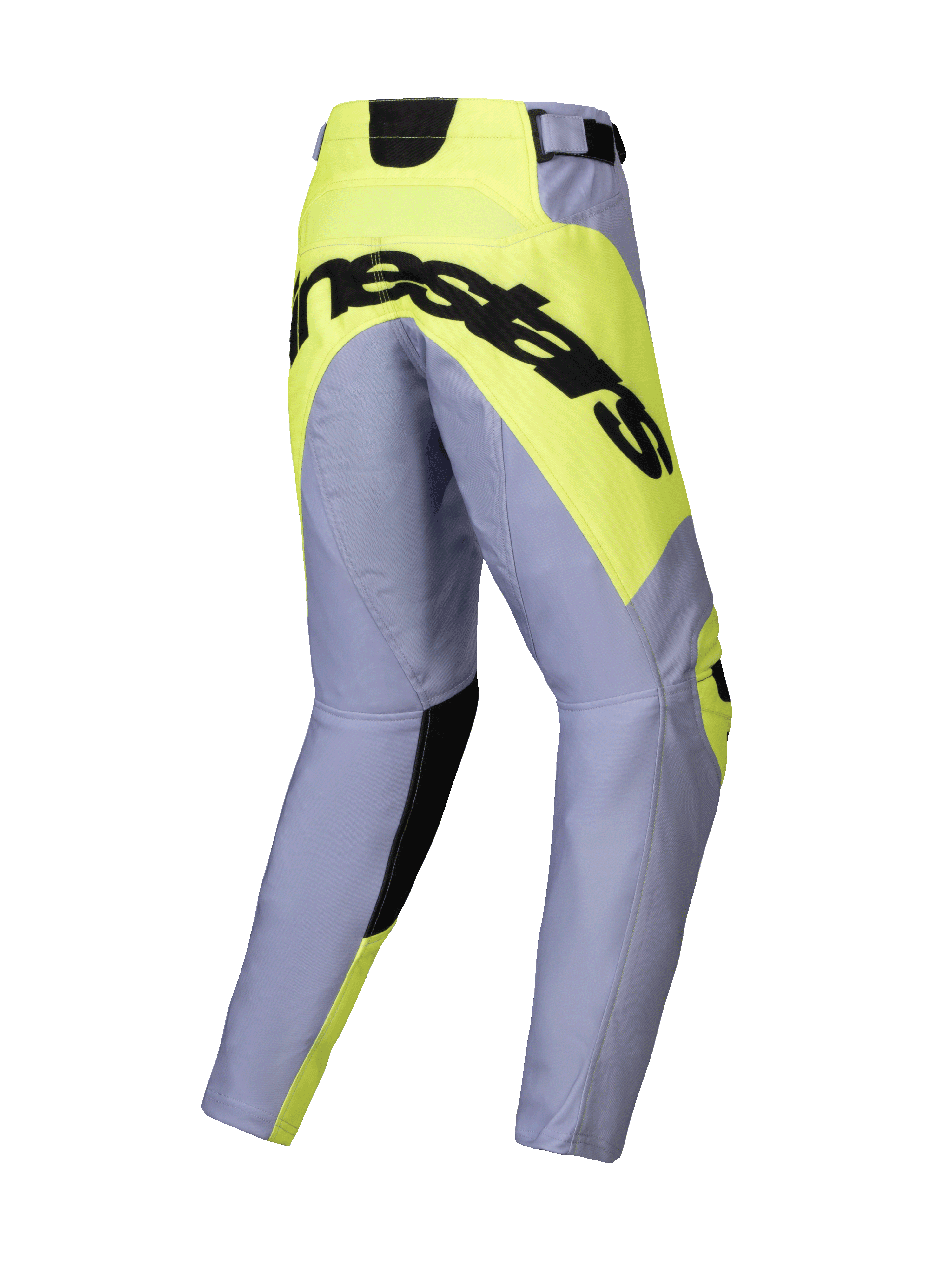 Alpinestars 2025 Youth Racer Veil Pants, calças de motocross, cinza e amarelo fluo, vista traseira com logótipo Alpinestars preto em destaque num painel de assento amarelo néon, construção de perna pré-curvada para corridas todo-o-terreno.
