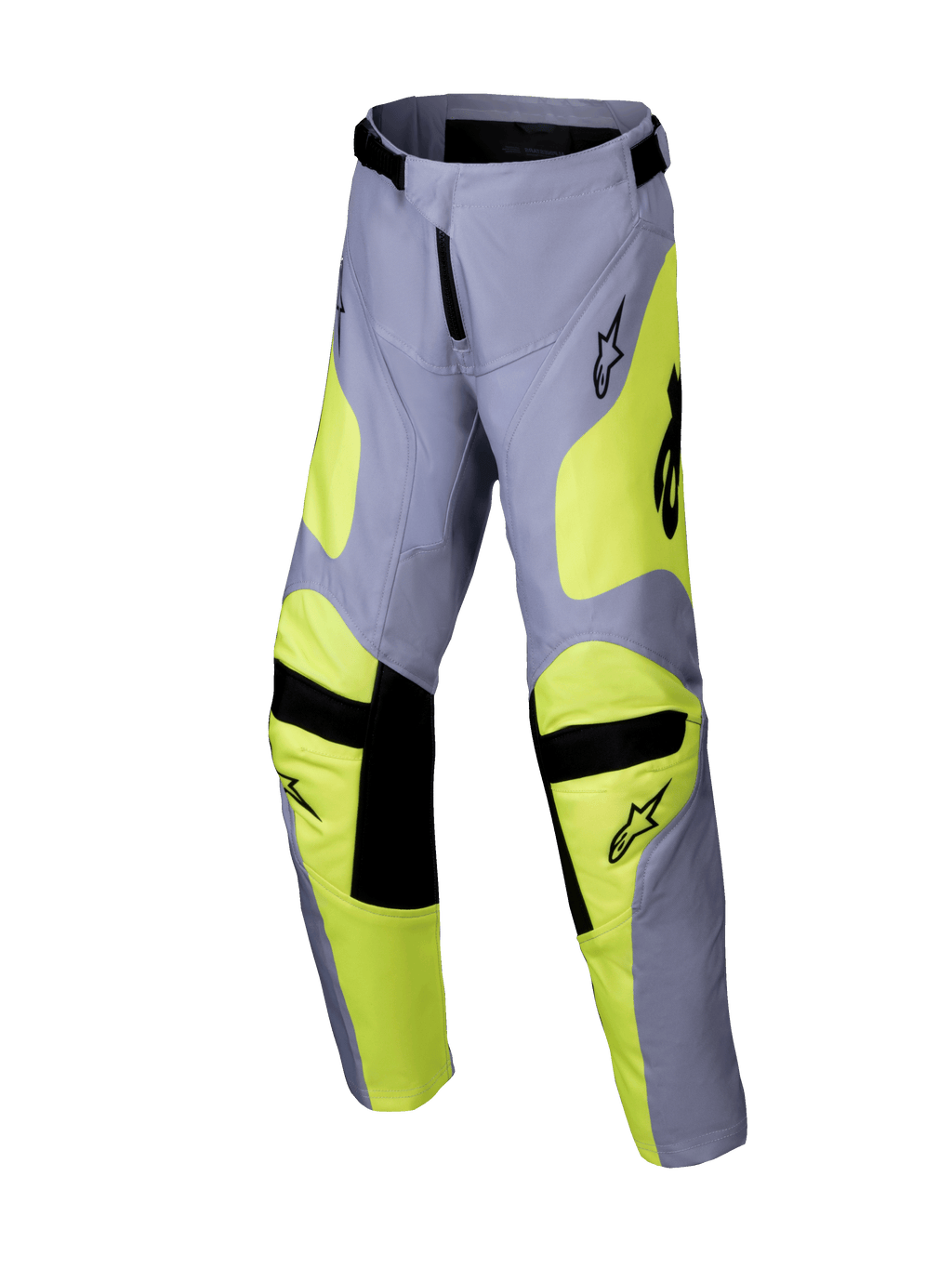 Alpinestars 2025 Youth Racer Veil Pants, calças de motocross, cinzentas e amarelo néon, detalhes pretos nos joelhos e na cintura, design desportivo com pernas pré-curvadas e logótipos, equipamento de corrida off-road durável