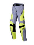 Alpinestars 2025 Youth Racer Veil Pants, calças de motocross, cinzentas e amarelo néon, detalhes pretos nos joelhos e na cintura, design desportivo com pernas pré-curvadas e logótipos, equipamento de corrida off-road durável