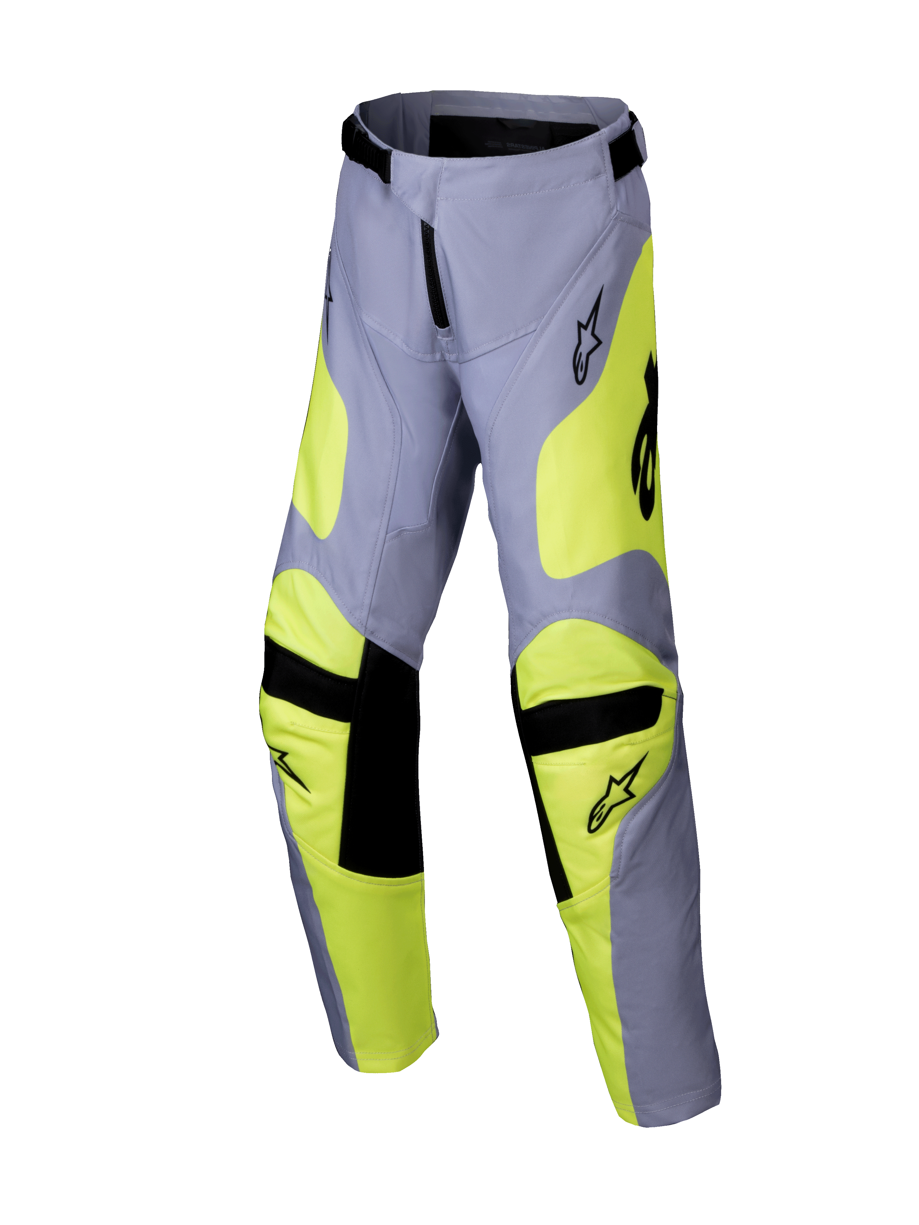 Alpinestars 2025 Youth Racer Veil Pants, calças de motocross, cinzentas e amarelo néon, detalhes pretos nos joelhos e na cintura, design desportivo com pernas pré-curvadas e logótipos, equipamento de corrida off-road durável