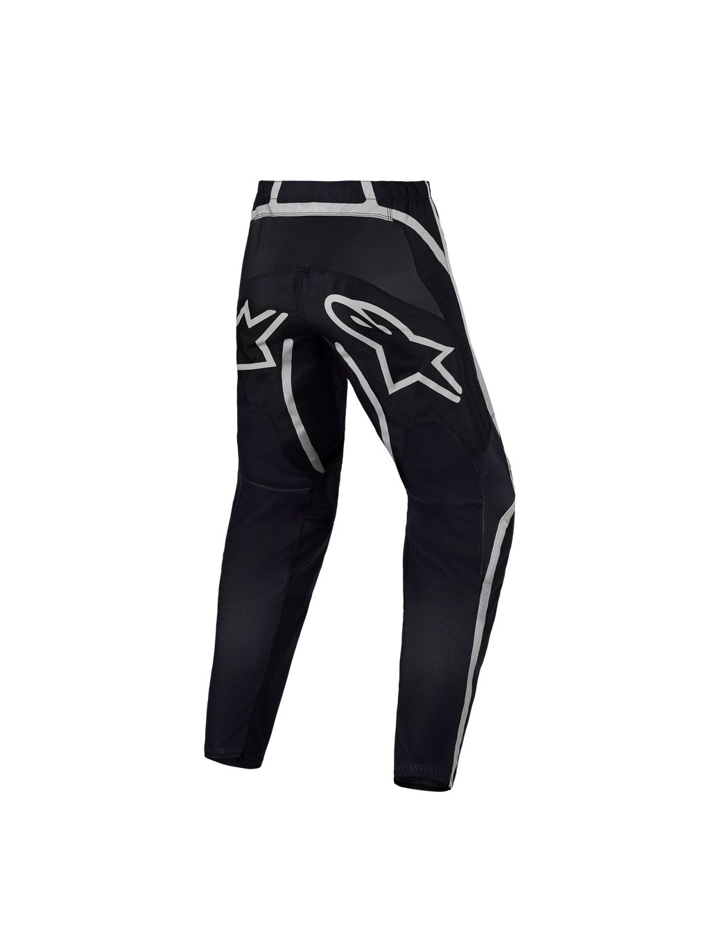Alpinestars calças Fluid Apex V2 Jovem, calças de motocross pretas e prateadas, vista traseira com construção ergonómica.